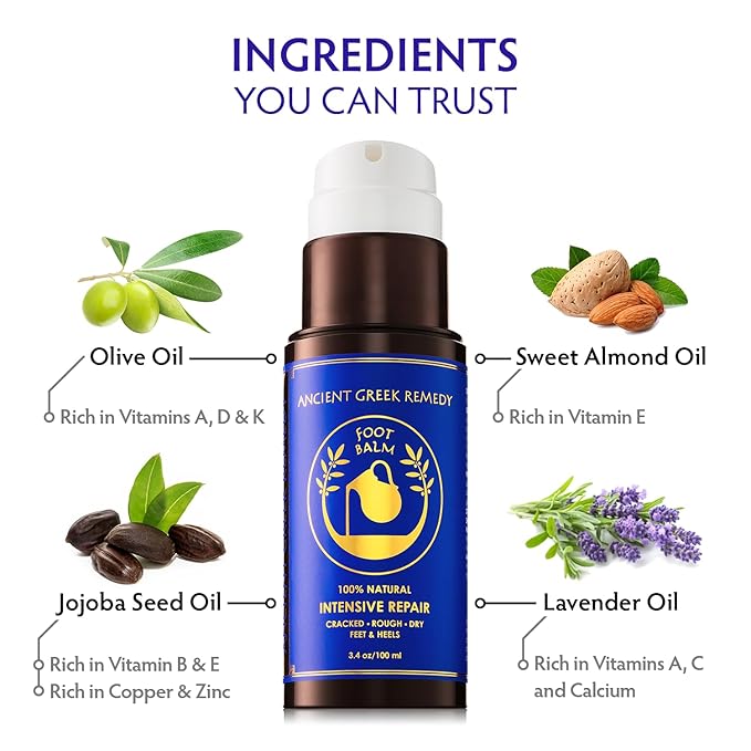 Ancient Greek Remedy Organic Foot Balm for Dry Cracked Feet and Heels, Made of Almond, Olive, Jojoba, Lavender, Vitamin E Oil. Natural Cream Moisturizer for Dry Skin Care for Women, Men