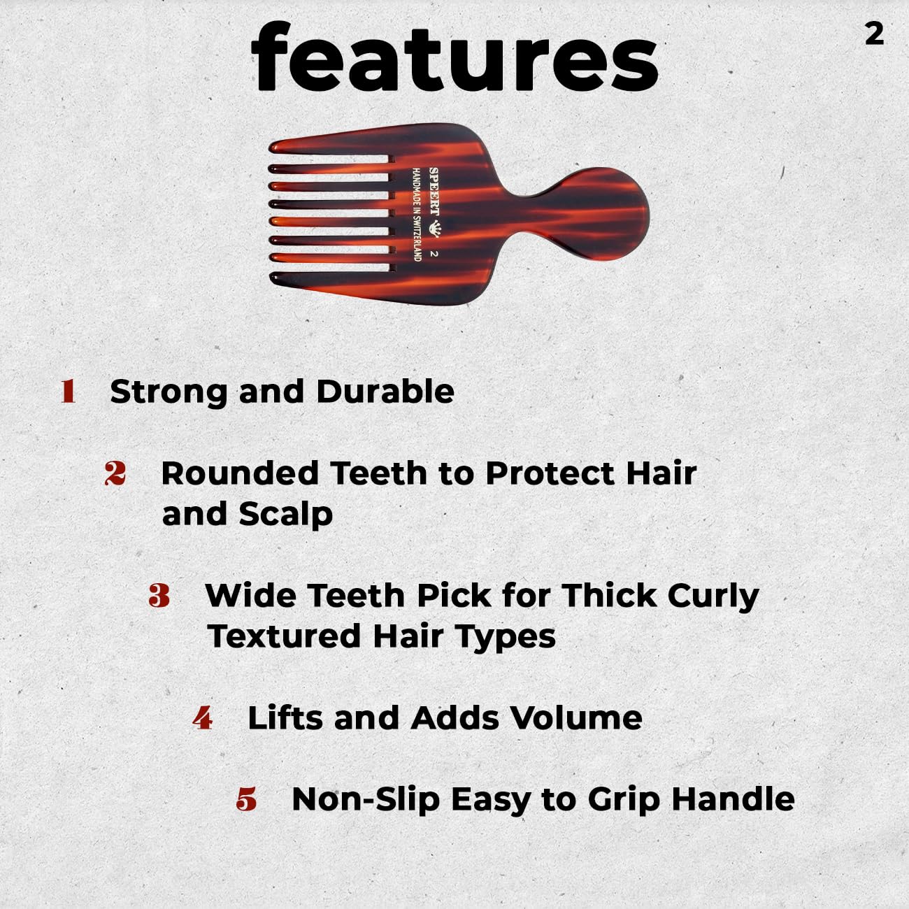 #2 Handmade Wide Tooth Hair Pick - Tortoise Havana Acetate Thick Coarse Curly Textured Hair Detangling Parting Grooming Teasing Styling - Wet & Dry Use for Women, Men & Kids