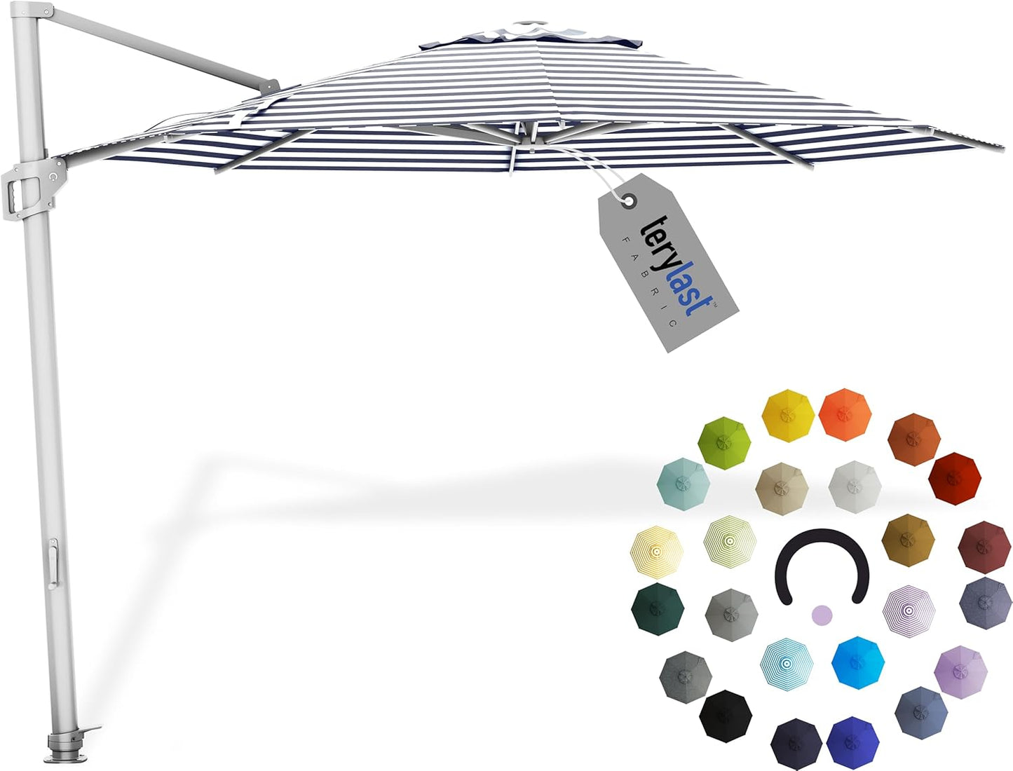 Midtown Umbrellas 10 Ft Outdoor Cantilever Patio Umbrella w/Terylast Navy Stripes Fabric - Rotate 360° Offset Patio Umbrella, Deck Patio Umbrella, Backyard Umbrella & Garden Umbrella - Silver Frame