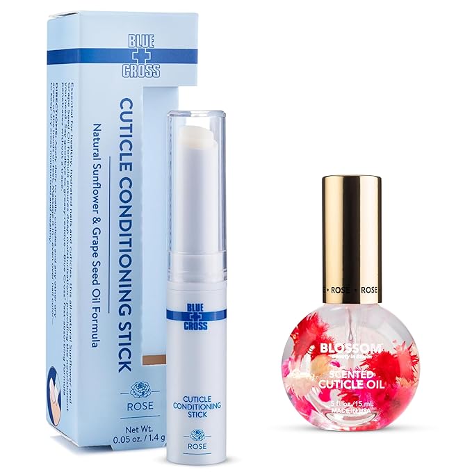 Blue Cross Professional Nail Care Nourishing Scented Cuticle Softener Oil Balm Conditioning Stick + Blossom Hydrating Moisturizing Scented Cuticle Oil, 2 Pack Rose Bundle