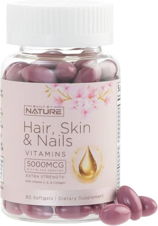 Hair Skin and Nails Vitamins – 5000mcg Biotin with Vitamin C, E, Collagen, Hyaluronic Acid, Argan & Coconut Oil – Luscious Hair Growth & Radiant Skin Supplement for Women – 60 Softgels