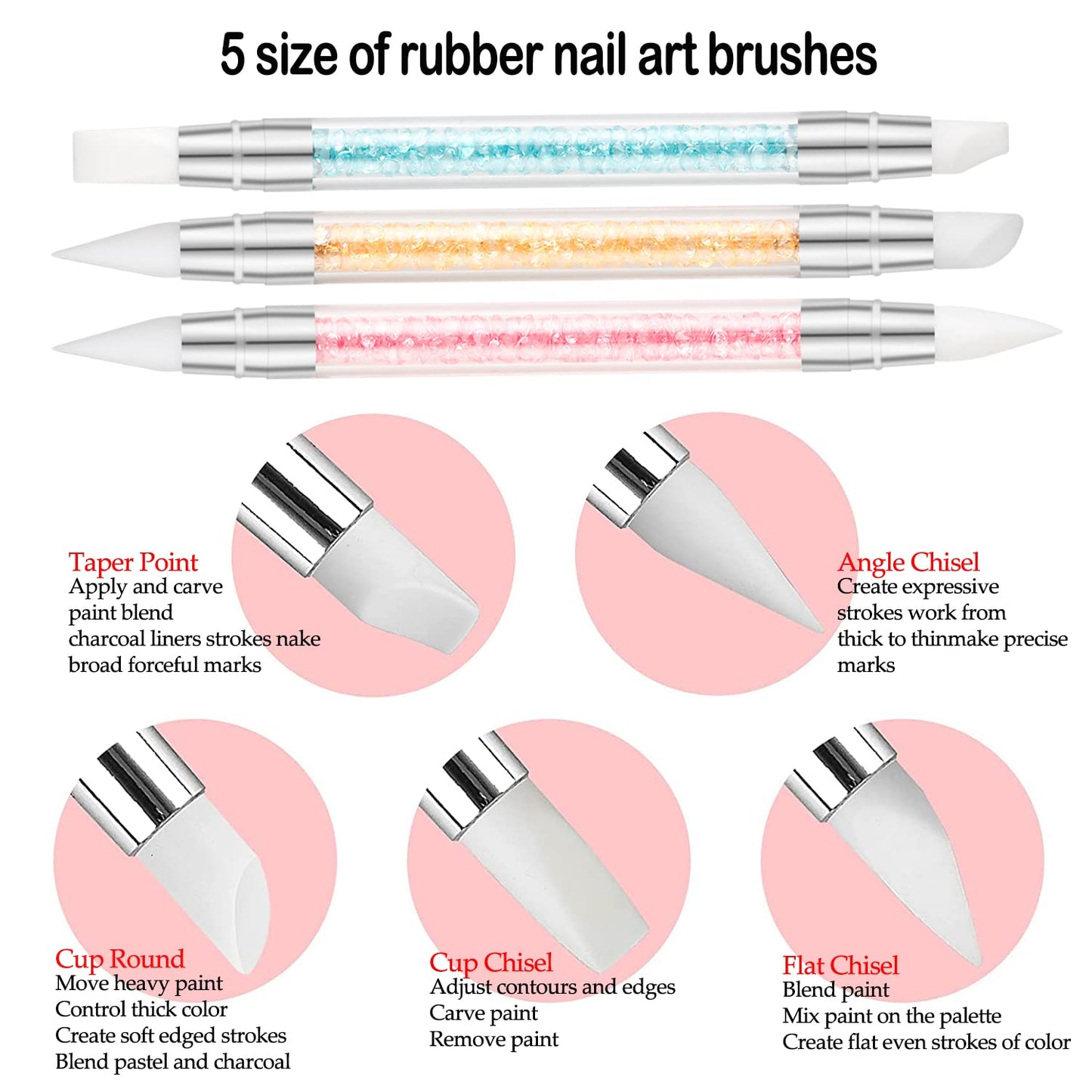 11PCS Nail Art Brush Set with Nail Dust Brush, Double-Ended Silicone Nail Art Tools for Acrylic Nails, Carving, Painting, Line Drawing, DIY Salon Manicure