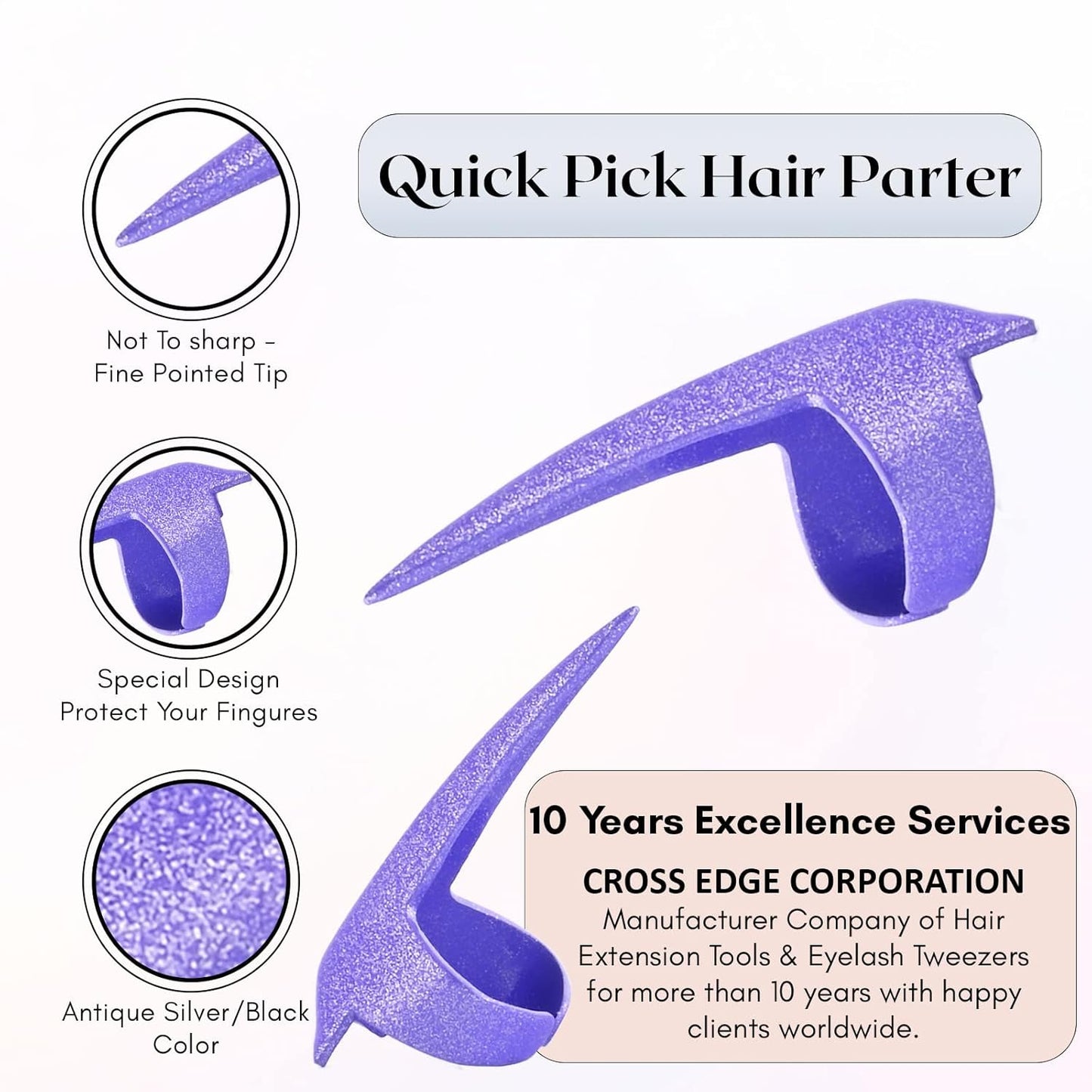 Quick Hair Parting Ring – Stainless Steel Sectioning Tool for Braids, Dreadlocks, Wigs & Remy Hair Extensions – Finger-Wear Braiding Tool Purple Glitter Finish