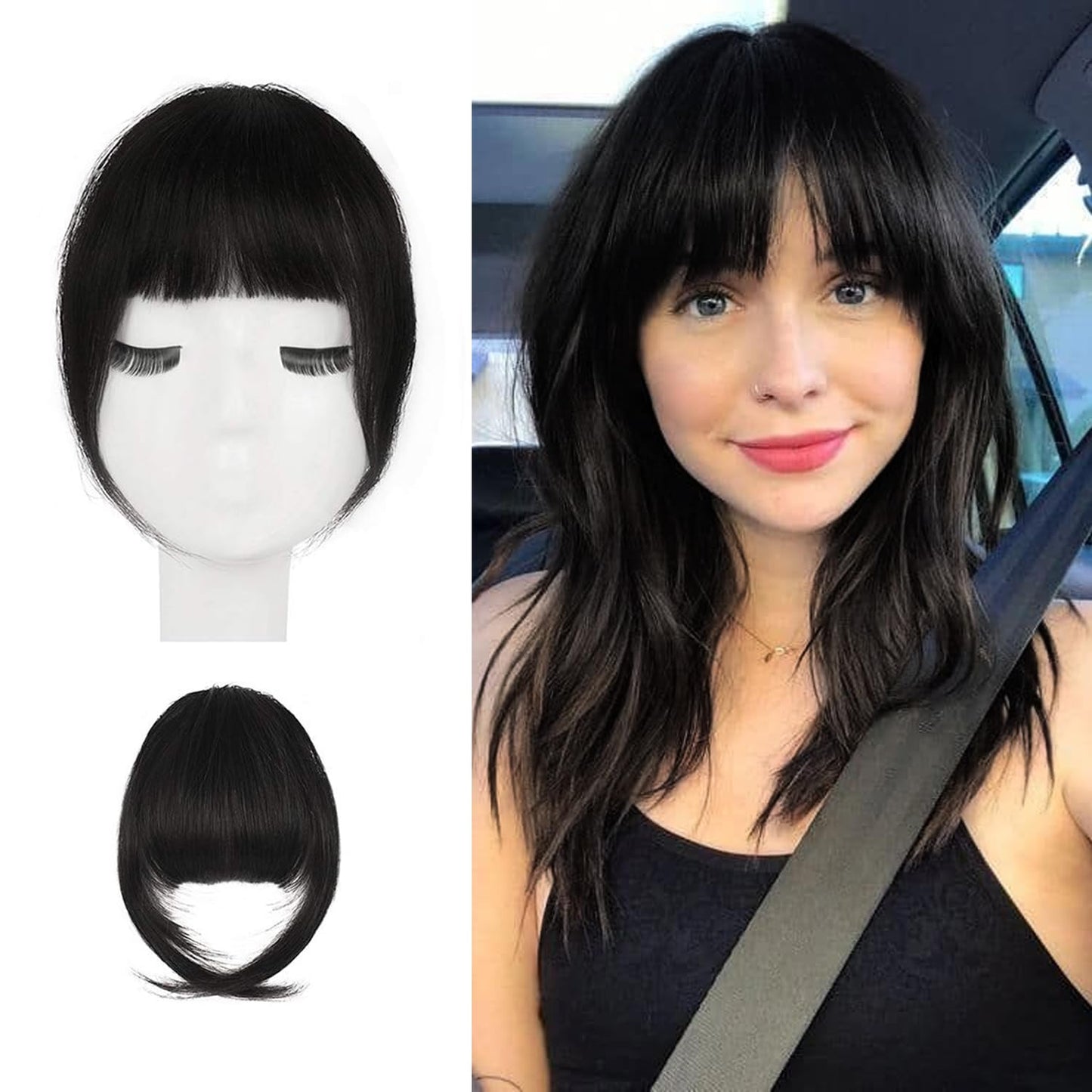 BARSDAR Human Hair Clip in Bangs - 100% Real Human Hair Clip in Bangs for Women - Natural Black French Bangs Fringe with Temples Real Hair Bangs Extensions Hairpieces - Natural Black