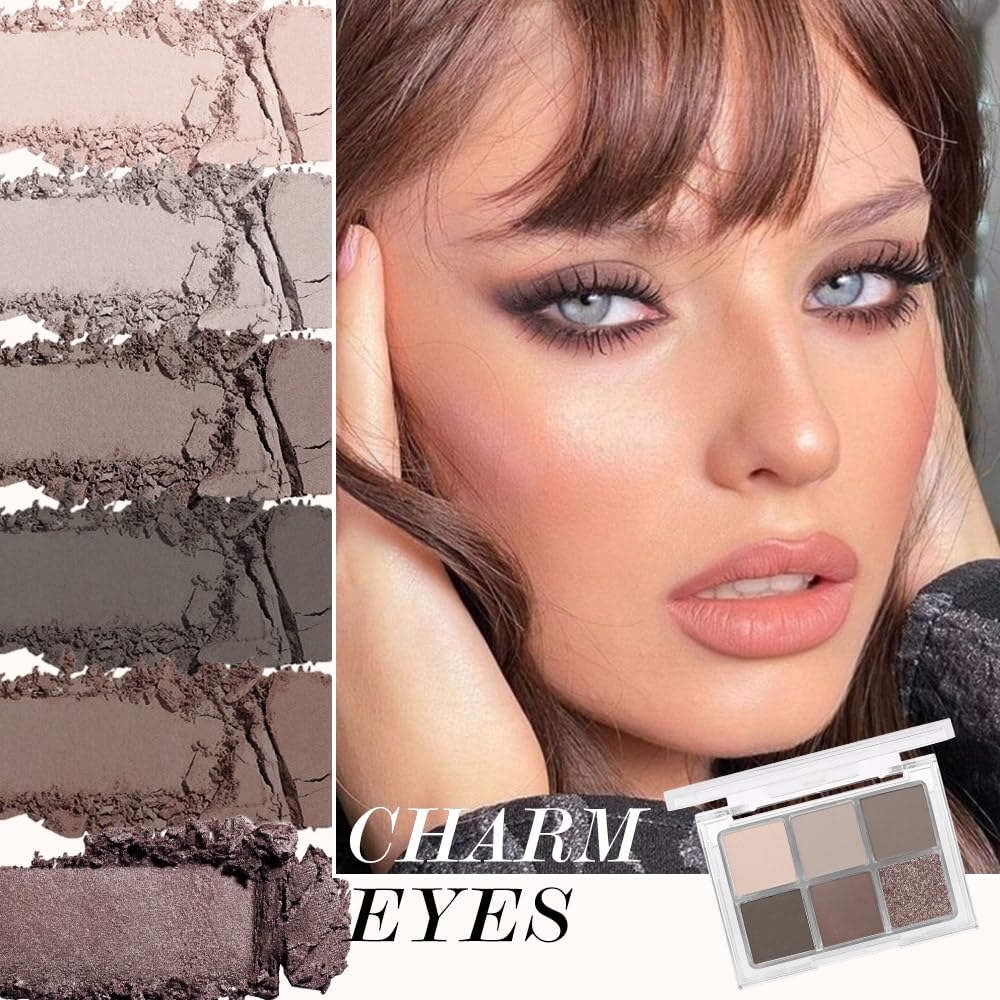 6 Colors Glitter Matte Eyeshadow Palette, Natural Nude Smoky Black Coffee Wine Red Sparkly Eyeshadow Palette Makeup, Smokyd Eye Shadows Palette Long Lasting Naturing-Looking Women Girls Eye Shadow 02