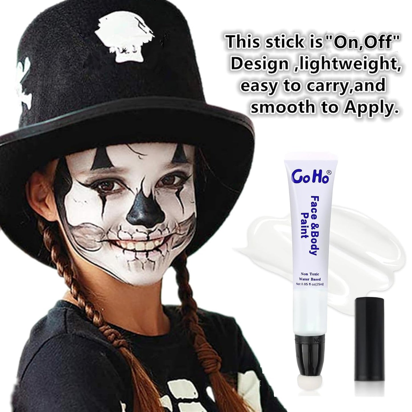 Go Ho Clown White Face Paint Washable,Water Based Cream White Face Body Paint Highly Pigmented,Smooth,Halloween Cosplay SFX Mime Vampire Skeleton Zombie Makeup