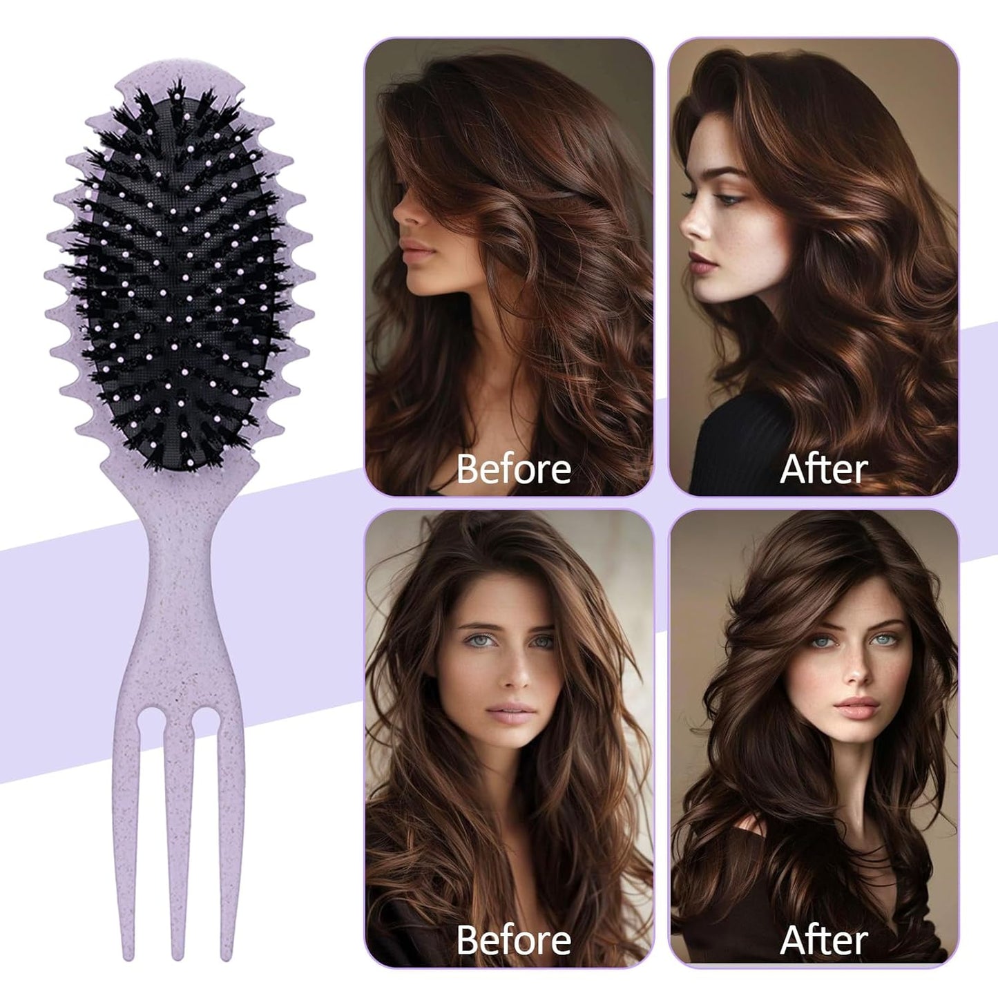 Curly Hair Boar Bristle Curl Defining Brush for Curl Wave Straight Hair, Unique Trident Handle Design Defineing Brush for Wet Dry HairsStyling Massage Hairbrush Hairs Pick Comb Purple