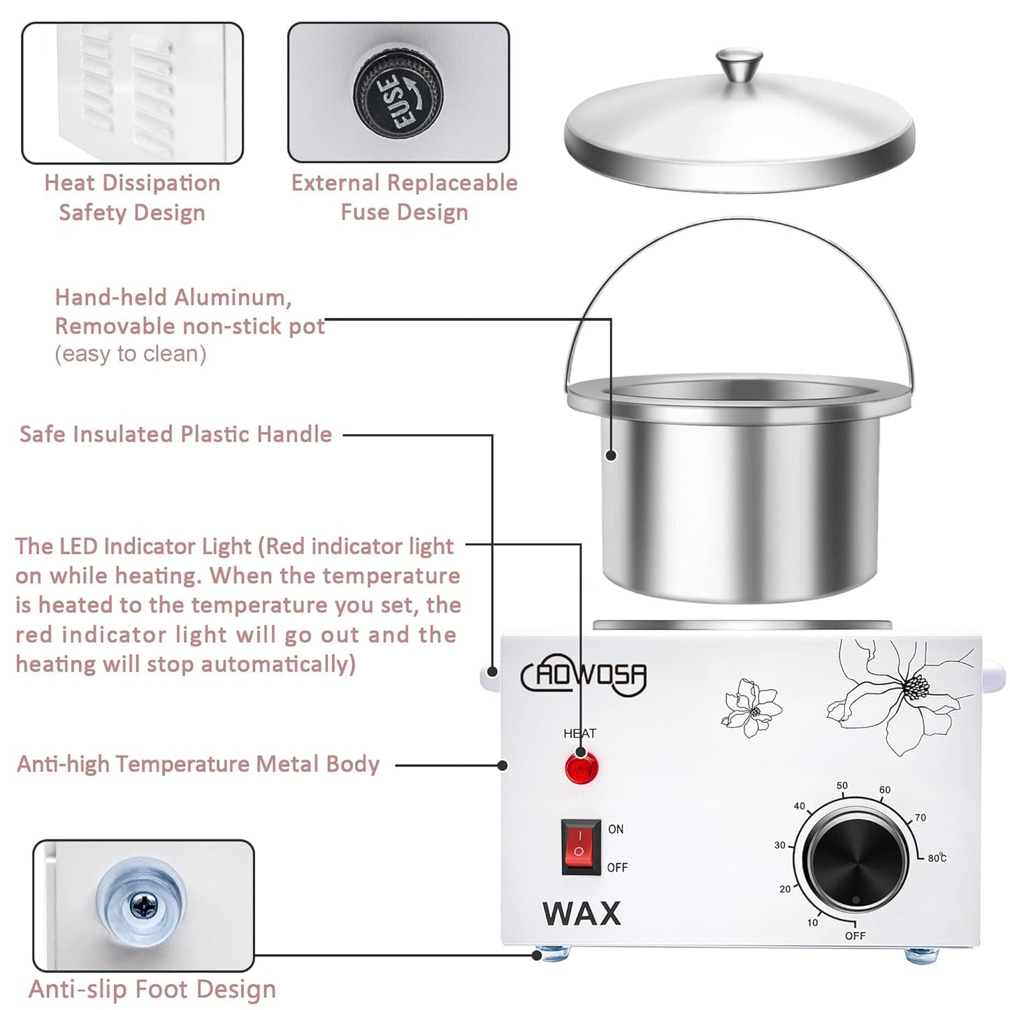 Professional Waxing Kit Wax Warmer Single Pot Wax Heater Machine for Hair Removal, Large Waxing Pot with Non-Stick Easy Clean Pot, 50 Sticks & 20 Collar, for Spa Salon Beauty Esthetician Home(White)