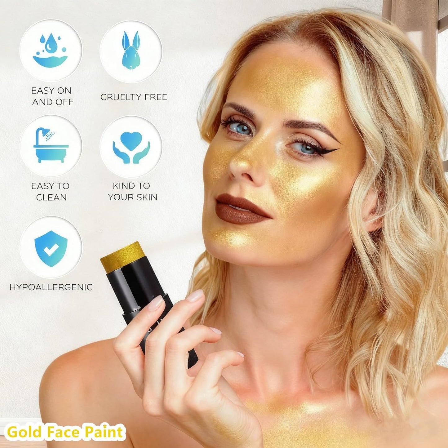 Go Ho Metallic Gold Face Body Paint Stick,Washable Face Paint Gold Eye Black,Non-toxic Cream Body Paint for Halloween Costumes Cosplay SFX Makeup