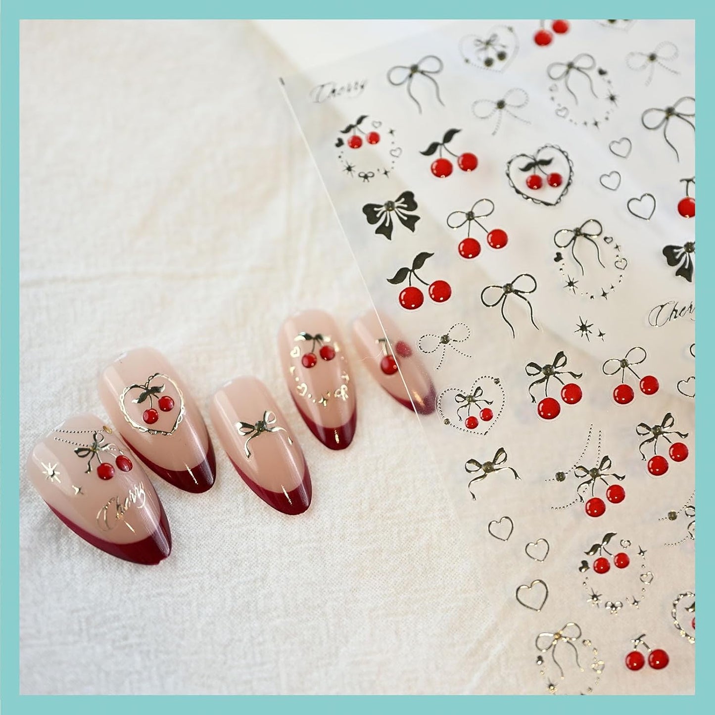 Cherry Bow Nail Art Stickers, Embossed Fruit Nail Decals, Self-Adhesive, Summer Spring Accessories for Women, Nail Decorations