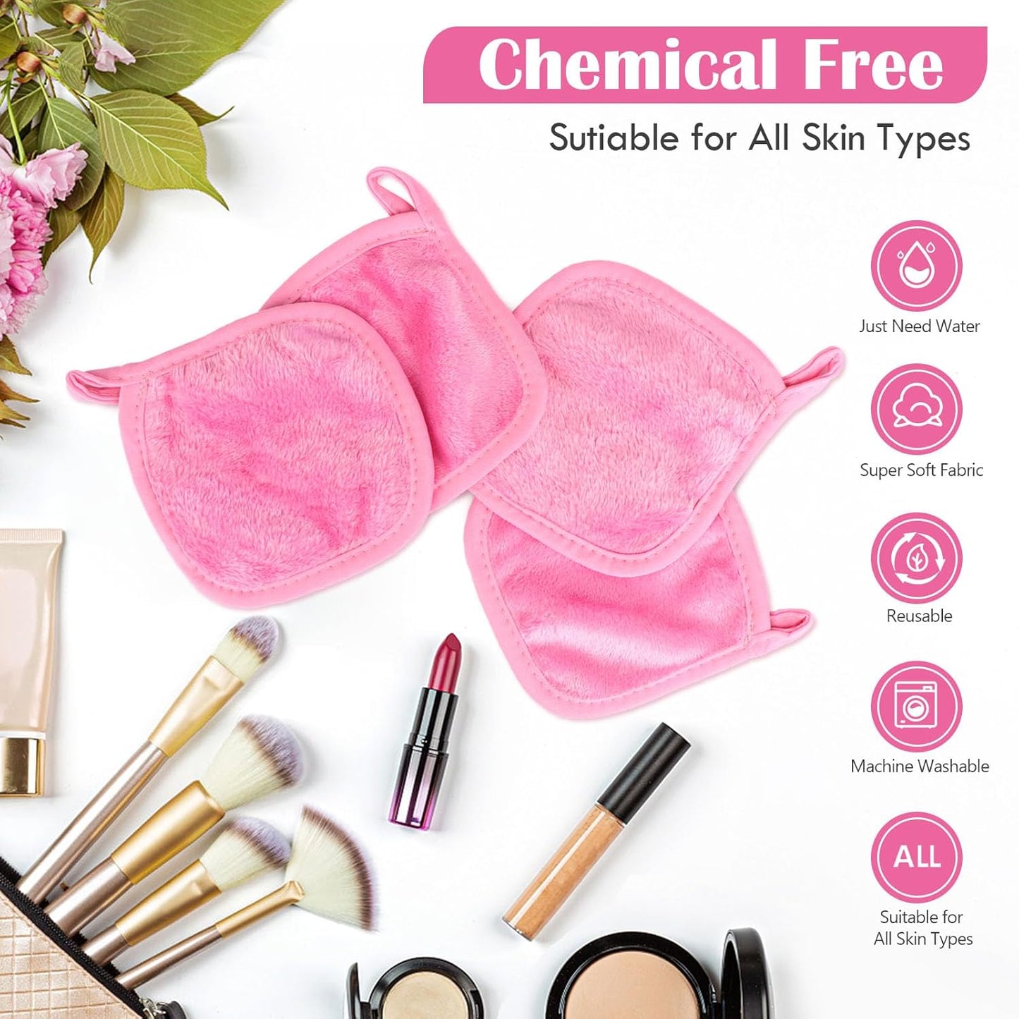 Orighty Makeup Remover Cloths 12 Pack, Makeup Removal Face Cleansing Cloth, Reusable Make-up Remover Pads Remove Instantly Dirt with Just Water, 5 x 5 in (Pink)