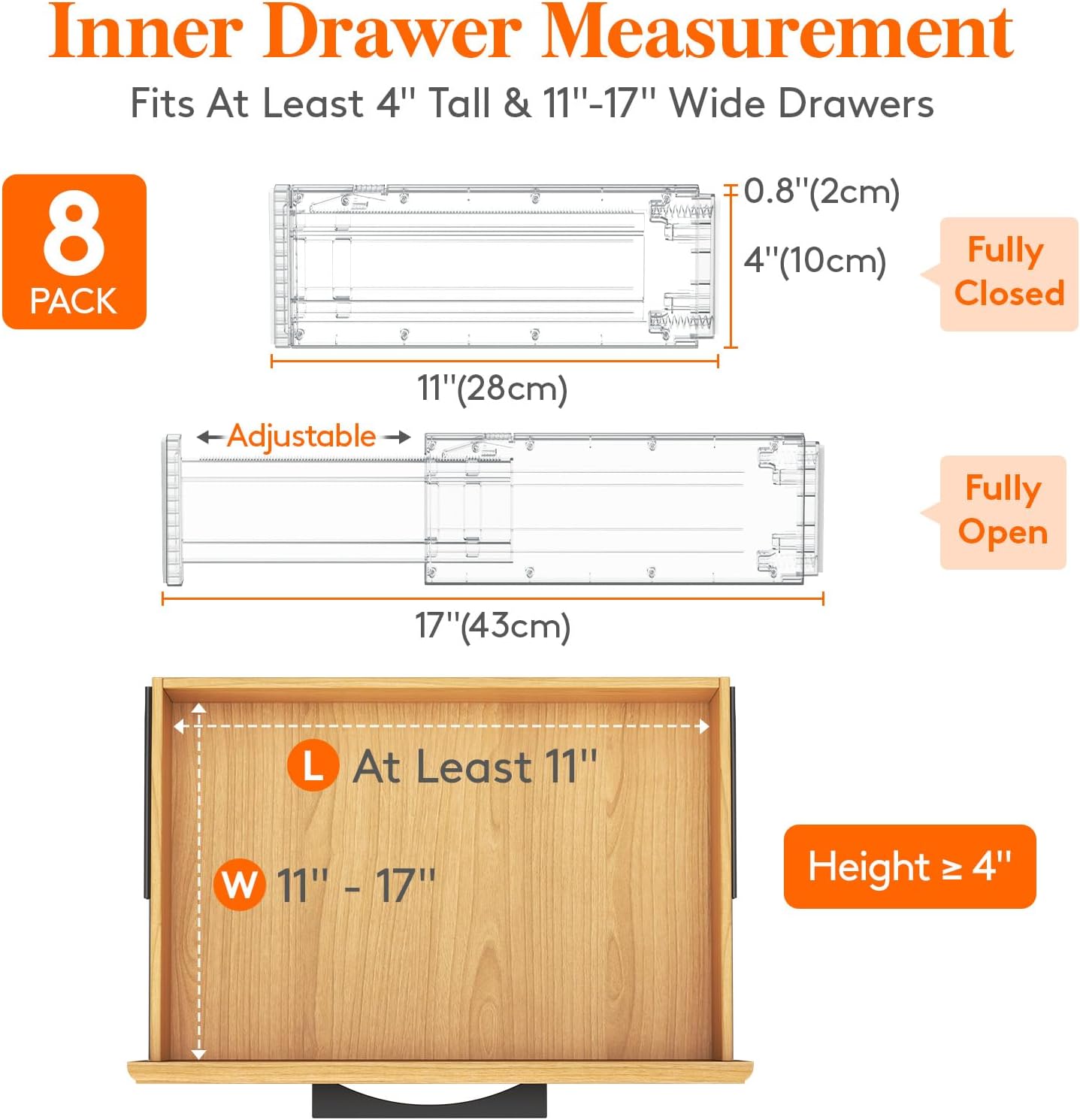 Lifewit 8 Pack Drawer Dividers 4" High, 11-17" Adjustable Dresser Drawer Organizers for Clothes, Expandable Dresser Separators in Bedroom/Bathroom/Kitchen/Vanity/Office Organization and Storage,Clear