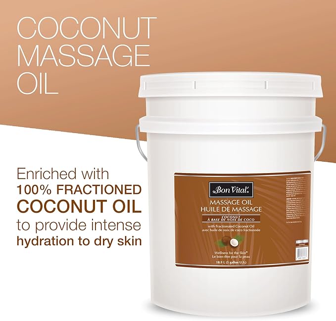 Bon Vital' Coconut Massage Oil with 100% Pure Fractionated Coconut Oil to Repair Dry Skin, Used by Massage Therapists and At-Home Use for Therapeutic Massages and Relaxation, 5 Gal, Label may Vary