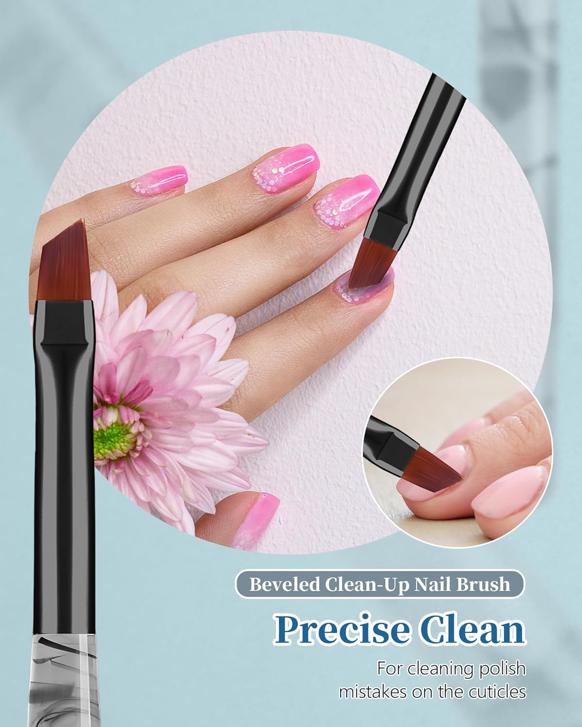 3PCS Nail Polish Clean Up Brush, Round&Falt&Angled Acetone Resistant Nail Brush for OPI Nail Polish Remover, Fingernail Cleaning Brushes at Home Nail Art and Designs(INk Black)