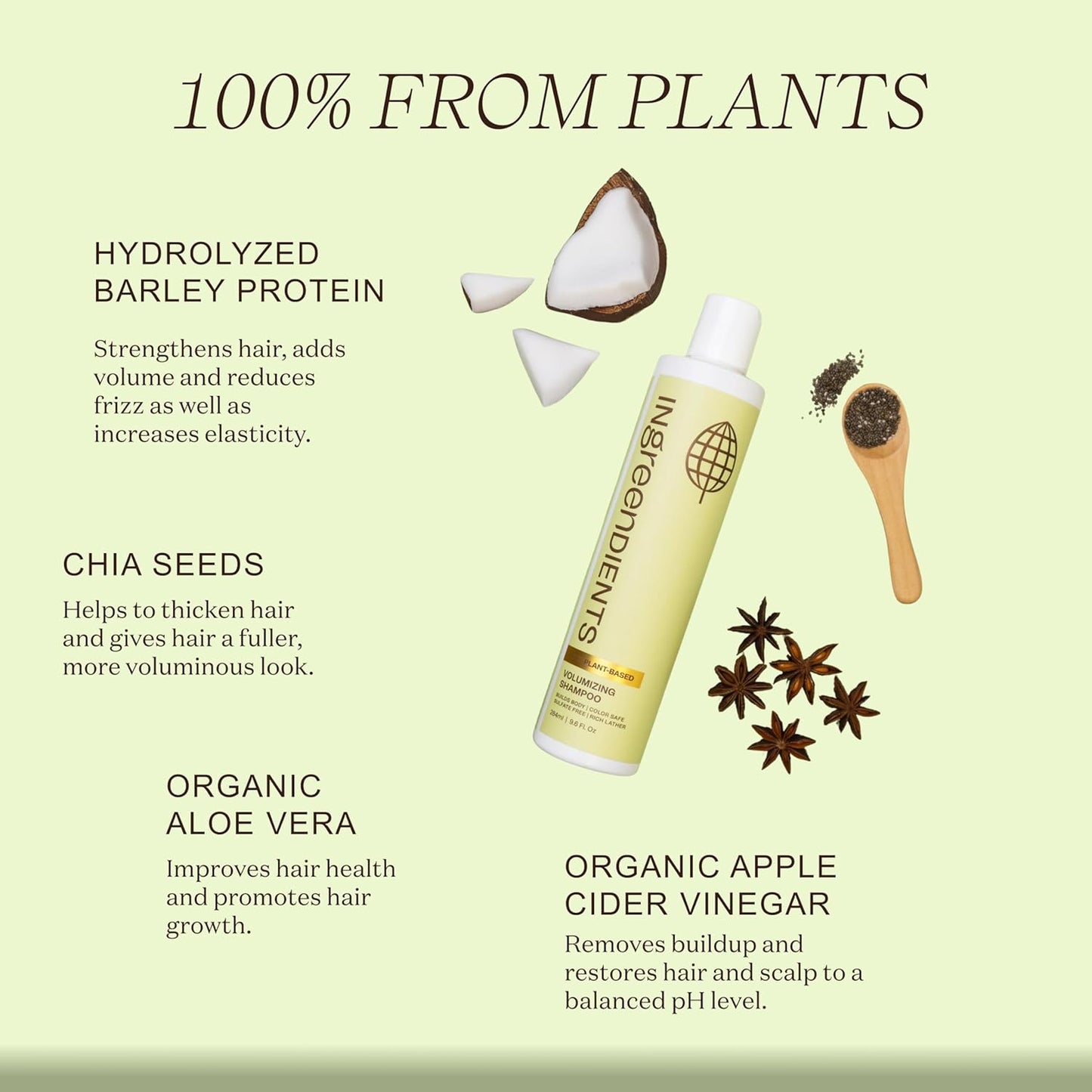Ingreendients Non Toxic Vegan Volumizing Shampoo with Organic Ingredients For Fine Hair - Strengthening Barley Protein and Chia Seeds, Color Safe, Paraben & Gluten Free, Silicone & Sulfate Free