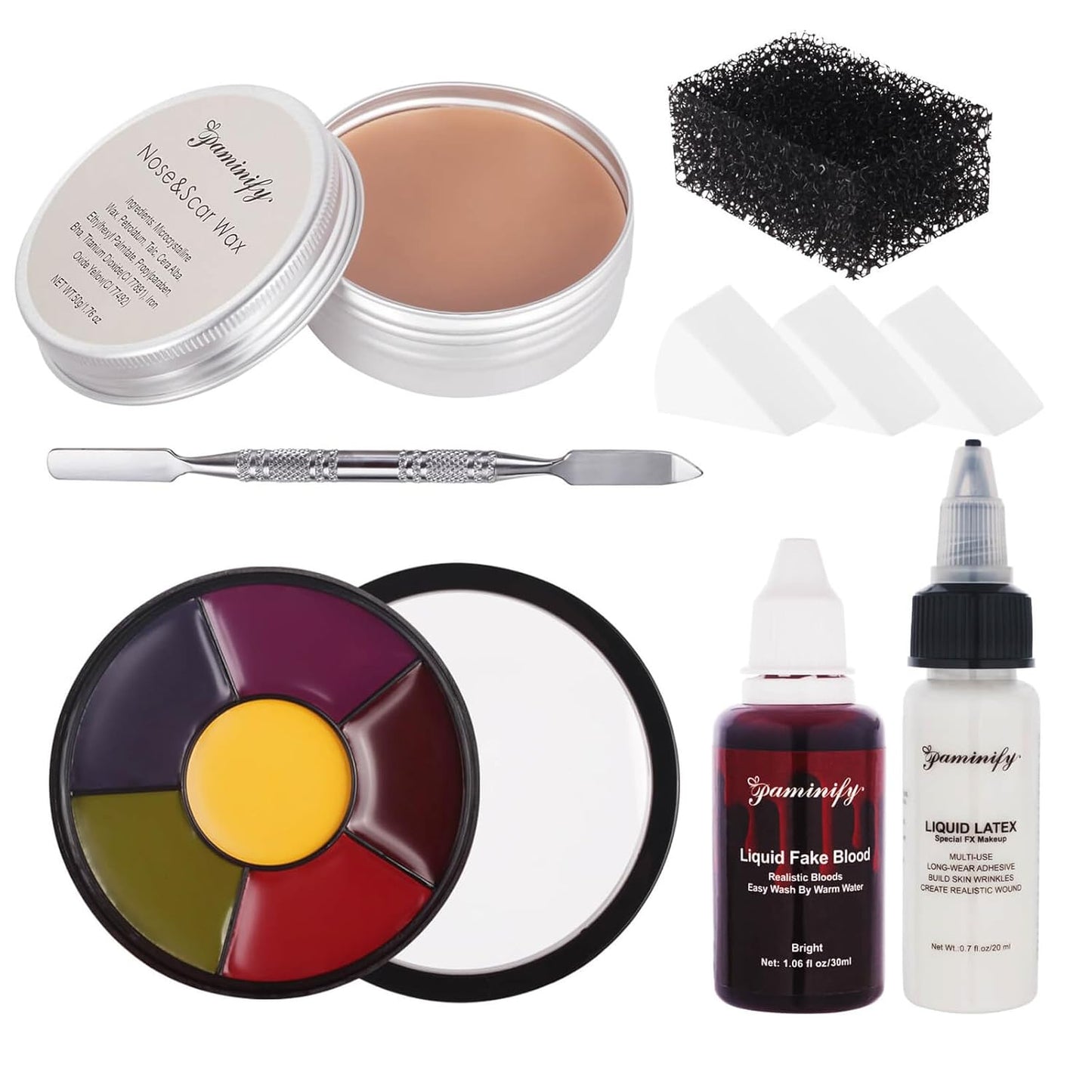 Halloween Special Effects Makeup Kit,6 Colors Bruise Wheel+30ml Dripping Washable Fake Blood+Liquid Latex+Scar Wax with Spatula+3 Pcs Sponge+Stipple Sponge,Face Fake Injury SFX Makeup Kit