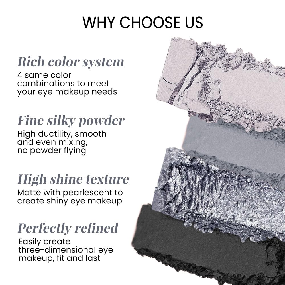 Eyeshadow Quads, 4 Black Smokey Grey Gray Silver Matte Shimmer Eye Shadow Makeup Palette Pigmented Silver Glitter Metallic Eyeshadow Makeup Palette sombra negra para ojos para ojos brillantes 01#