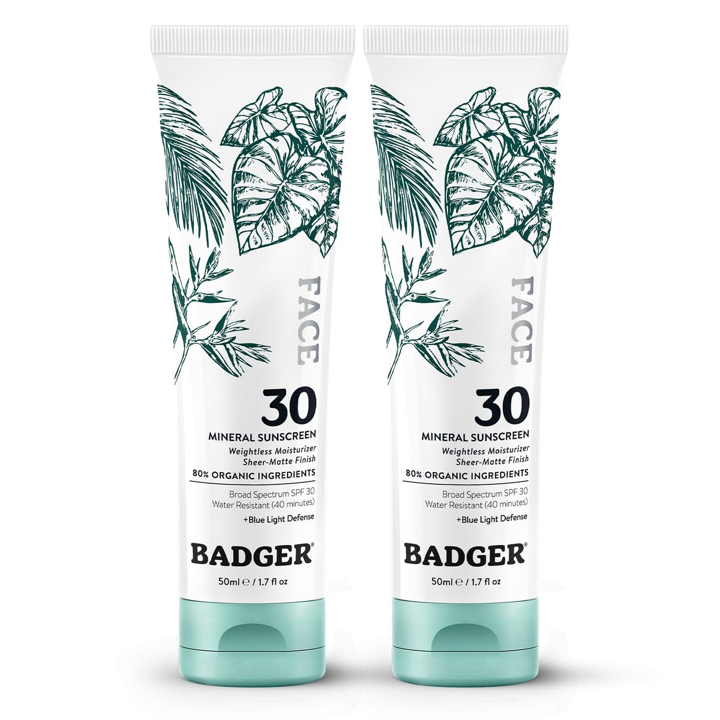 Badger Zinc Oxide Face Sunscreen SPF 30, Lightweight Mineral Sunscreen for Face, Matte Finish, No White Cast, Vegan, Water Resistant, Unscented, Mineral Sunblock Lotion, 1.7 fl oz, 2-Pack