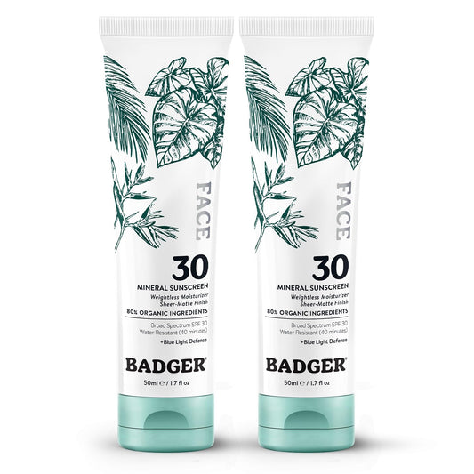 Badger Zinc Oxide Face Sunscreen SPF 30, Lightweight Mineral Sunscreen for Face, Matte Finish, No White Cast, Vegan, Water Resistant, Unscented, Mineral Sunblock Lotion, 1.7 fl oz, 2-Pack