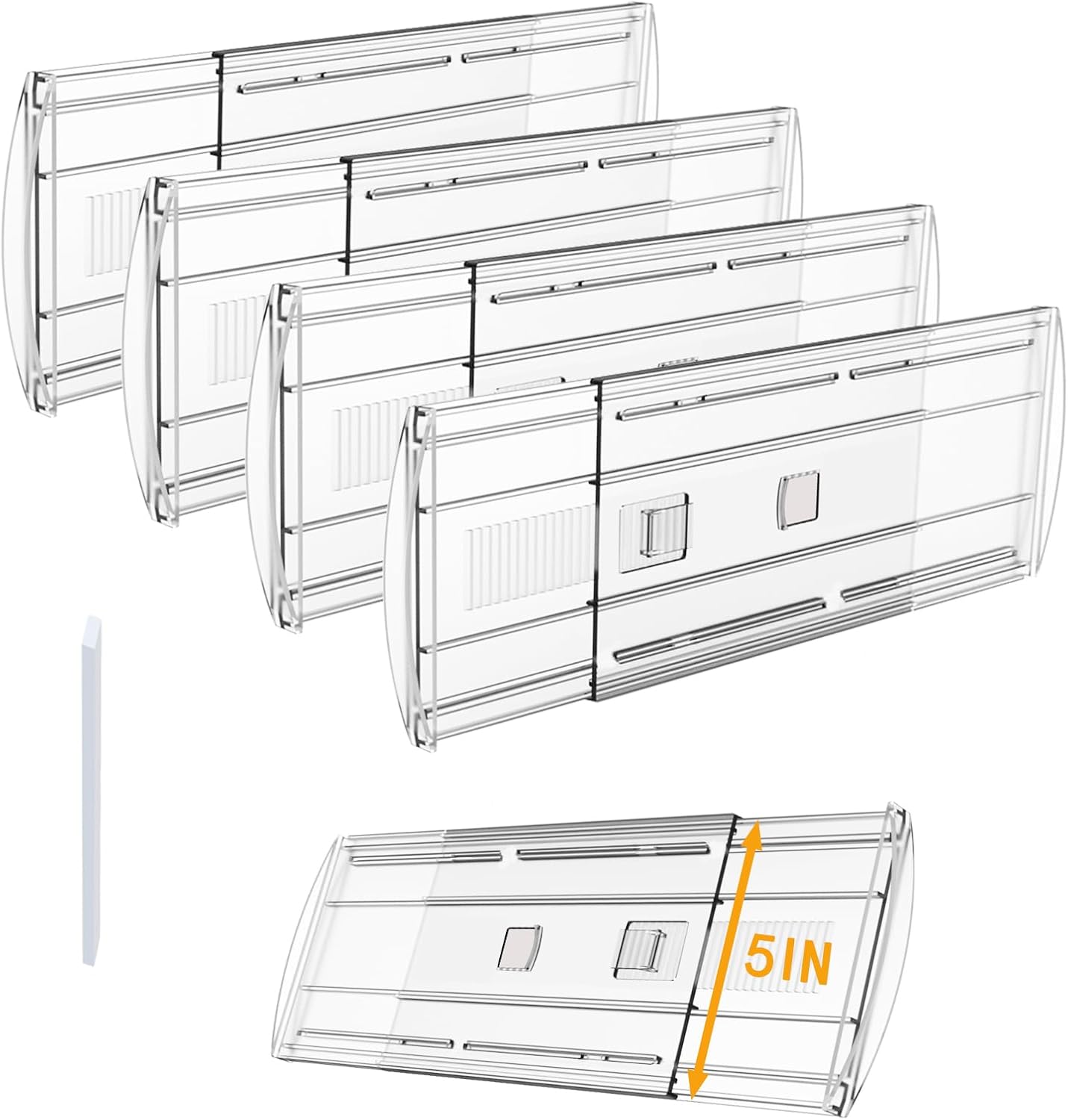 4 Pack Adjustable Drawer Dividers for Clothes,5" High Expandable From 13-21" Clear Drawer Organizers, PC Plastic Separators for Dresser/Bedroom/Bathroom/Kitchen/Office Storage