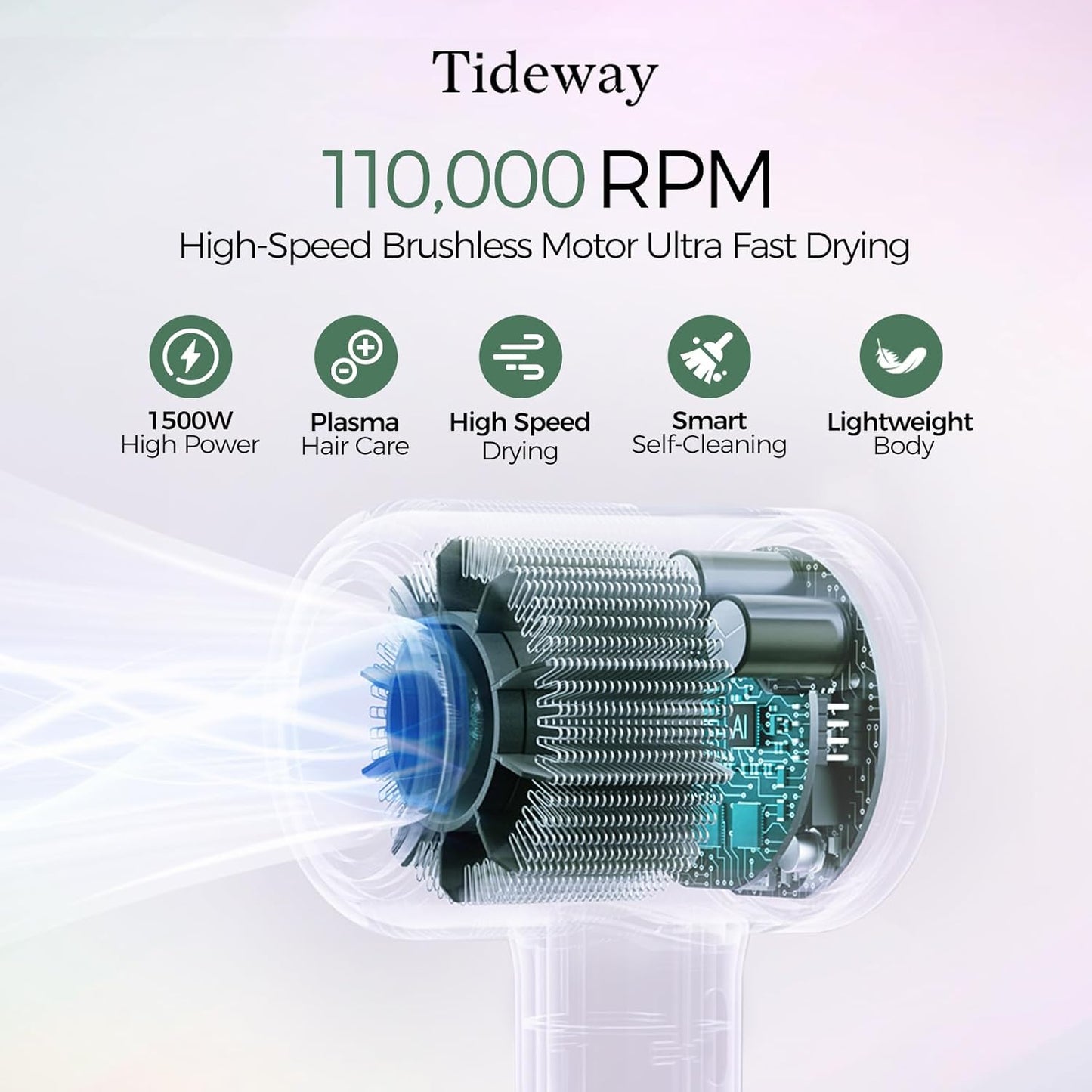 Tideway Hair Dryer, Blow Dryer with Diffuser High-Speed Plasma Ionic Low Noise for Fast Drying, Travel Hair Dryer for Women and Man, Curly/Wavy & Long/Thick Color-Treated Hair H11
