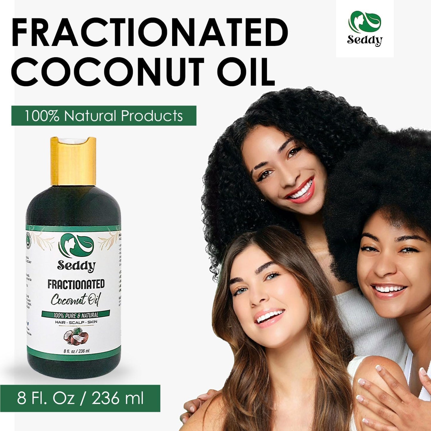 Seddy MCT Fractionated Coconut Oil - Unscented 100% Natural - Hexane Free - Premium Grade Daily Hydration Carrier Oil for Moisturizing Skin, Hair, and Body - 8 Fl. Oz