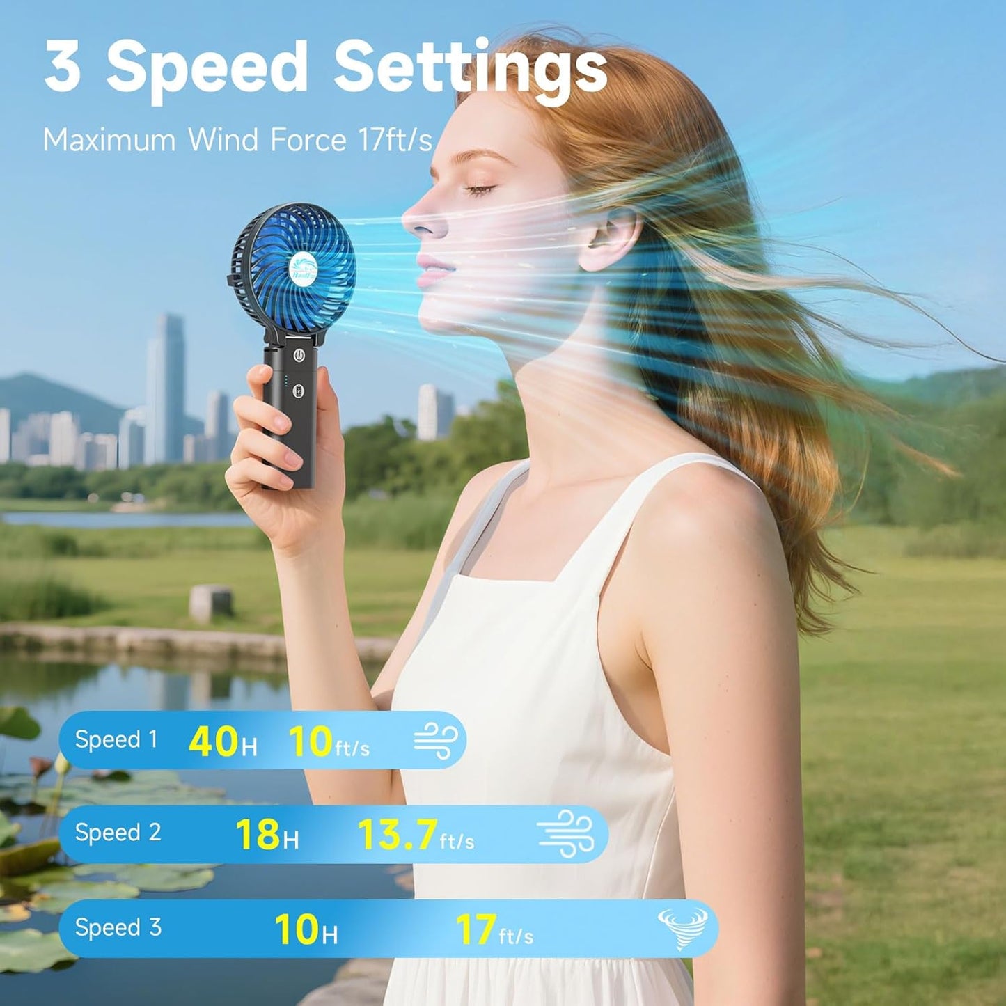 HandFan 10400mAh Powerful Handheld Fan, 40Hrs Long-Lasted Hand Fan Rechargeable, Mini Personal Fans Foldable, Heavy Duty Battery Fans Portable for Travel Beach Concerts Cruise Makeup(Blue Blade)