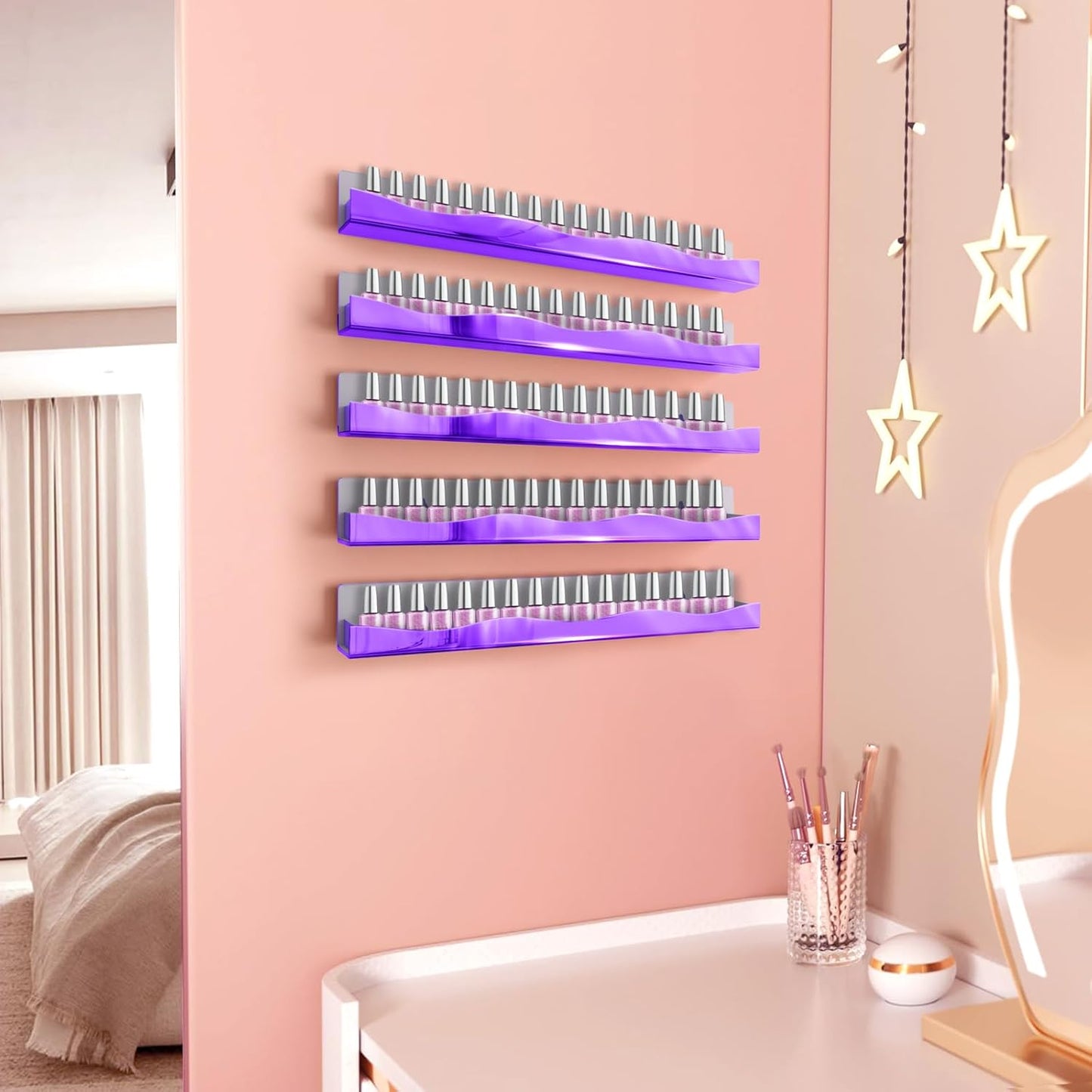Wall-Mounted Nail Polish Organizer Rack - 15 Inch Purple Mirror Finish Nail Polish Shelf, Makeup & Beauty Essentials Storage - Multi-Purpose Display Holder for Small Space, Vanity Bathroom, 6 Pack