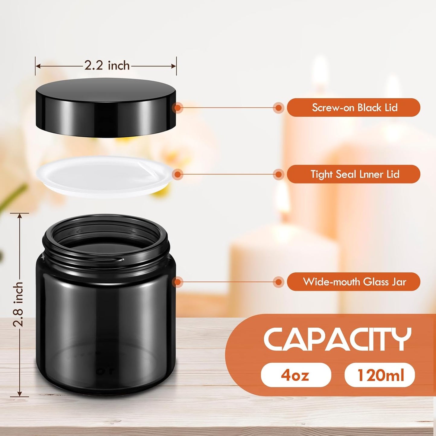 Norme 24 Pcs 4 oz Glass Jars with Lids Leakproof Round Airtight Empty Cosmetic Jars with Inner Liners Lid for Storing Lotions Powder Ointments Candle Making Tins (Black)