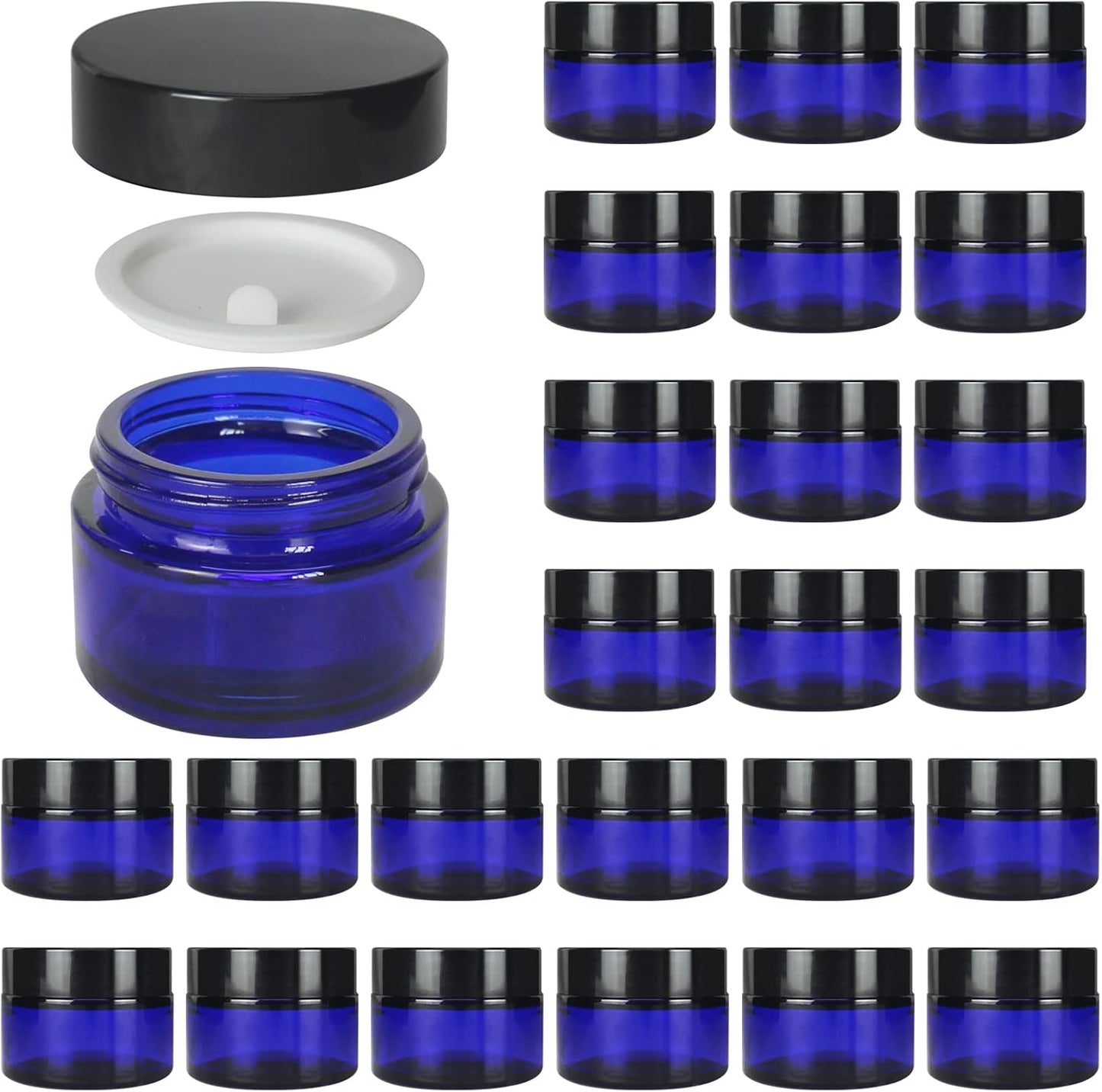 24 Pack 1 oz Round Blue Glass Cosmetic Jars with Inner Liners and Black Lids, Travel Glass Jars, Cosmetic Containers for Lip Balms, Powders, Makeup, Cream, Eyeshadow, Slime, Paint