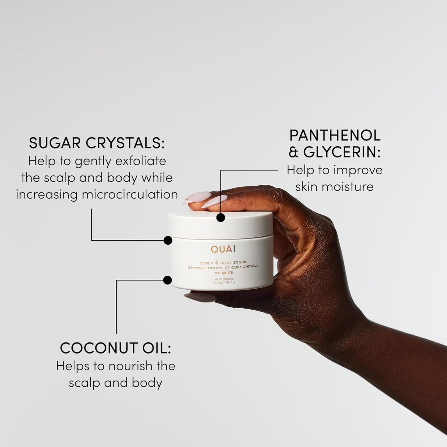 OUAI Scalp & Body Scrub, St. Barts Travel Size - Exfoliating Body Scrub with Sugar & Coconut Oil Blend for Smooth, Moisturized Skin - Gentle Scalp Exfoliator for Removing Product Build Up (3.4 oz)