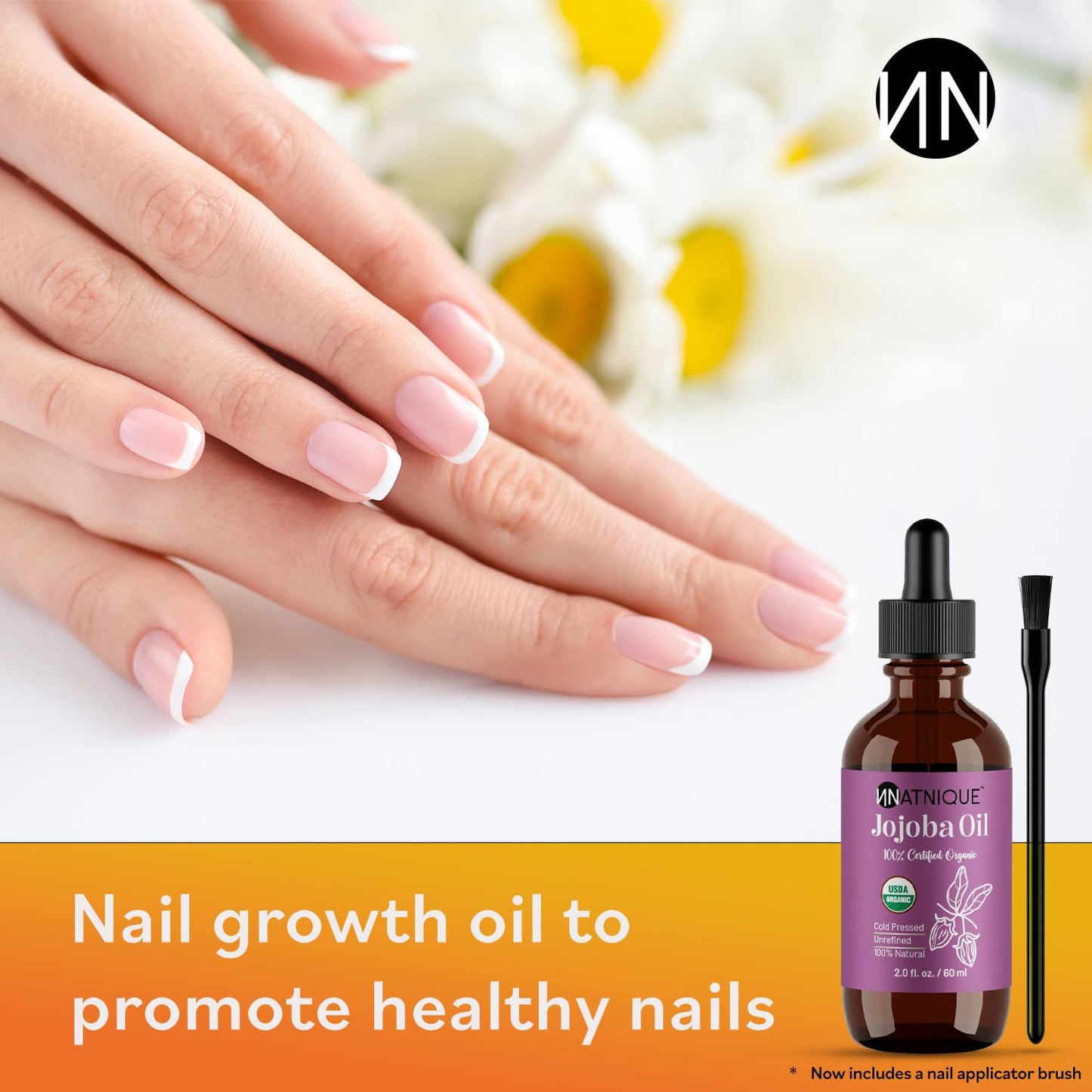 Natnique Organic Jojoba Oil 2oz – Nail Brush Included – USDA Certified, Cold Pressed, Unrefined & Hexane-Free – Pure Moisturizer for Hair, Face, Skin, Beard, Scalp, Nails & Cuticles – Natural Care