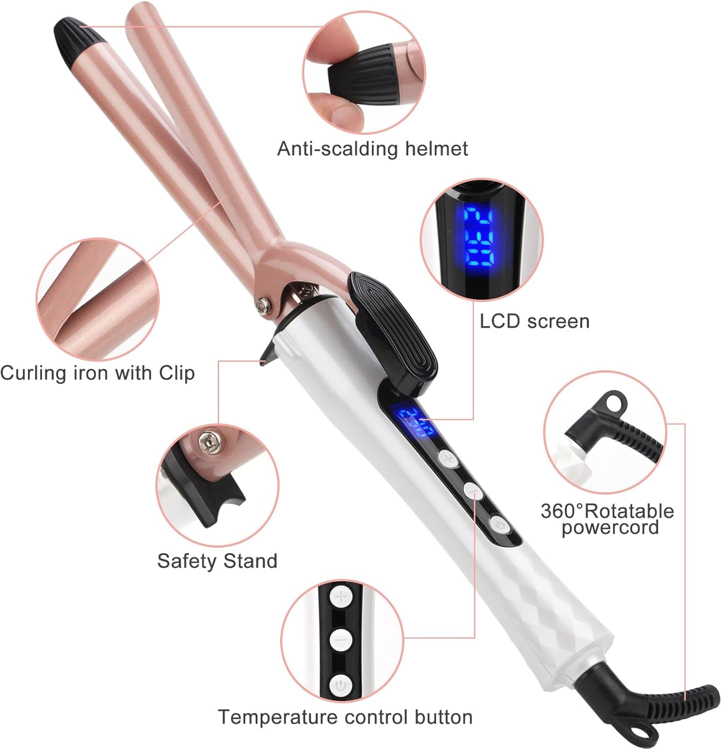 Curling Wand 19mm Professional Ceramic Hair Curling iron with clip for Short to Long Hair Styler Curler, Digital display, Hair Curler Wand with Glove, Dual Voltage