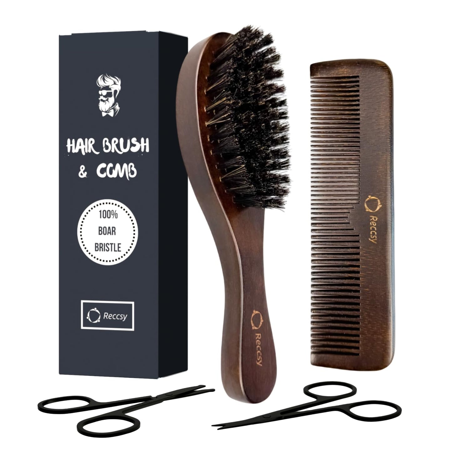 Hair Brush And Comb Set For Men-Boar Bristle Hair Brush,Beard & Wave Brush,Fine Tooth and Wide Tooth Wooden Beard Comb,Facial Grooming Scissors for Eyebrow, Nose Hair, Mustache