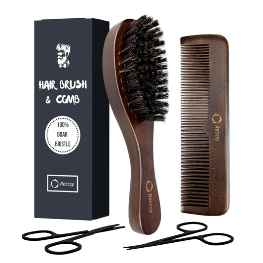 Hair Brush And Comb Set For Men-Boar Bristle Hair Brush,Beard & Wave Brush,Fine Tooth and Wide Tooth Wooden Beard Comb,Facial Grooming Scissors for Eyebrow, Nose Hair, Mustache