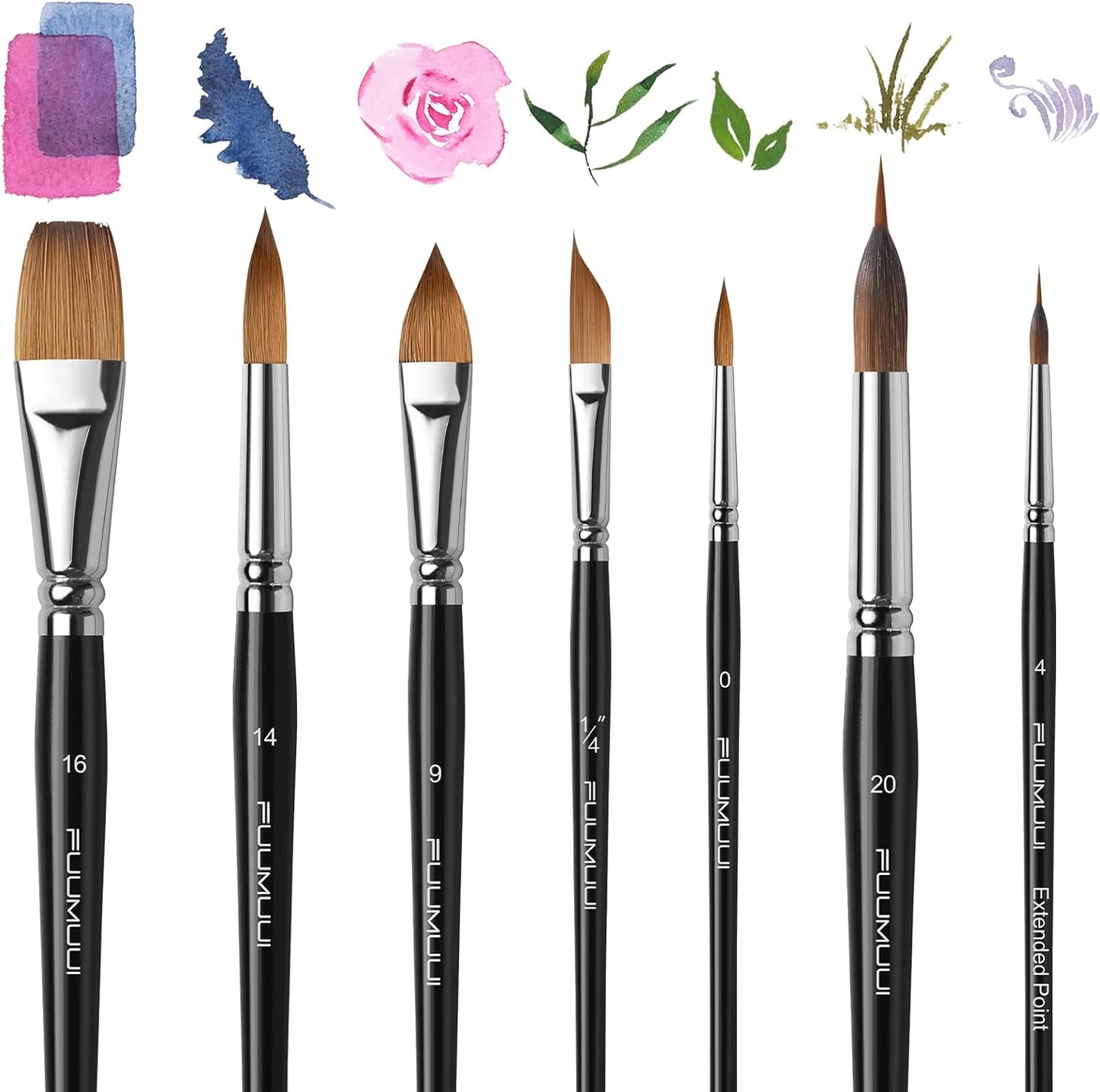 Watercolor Brush Set, Fuumuui 7pcs Professional Sable Paint Brushes with Extended Needle, Round Point, Flat, Dagger, Cat's Tongue for Watercolor, Acrylic, Gouache – Detail & Wash Painting