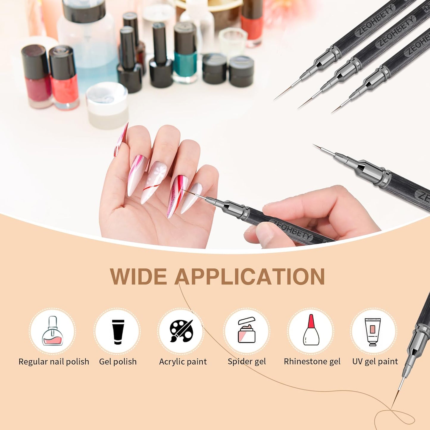 Wooden Nail Art Brushes, 5Pcs Nail Art Liner Brushes, Painting Art Design Brush Set Nail Dotting Drawing Tool for Long Lines, Thin Details, Fine Drawing Sizes 6/9/12/15/18mm, Grey