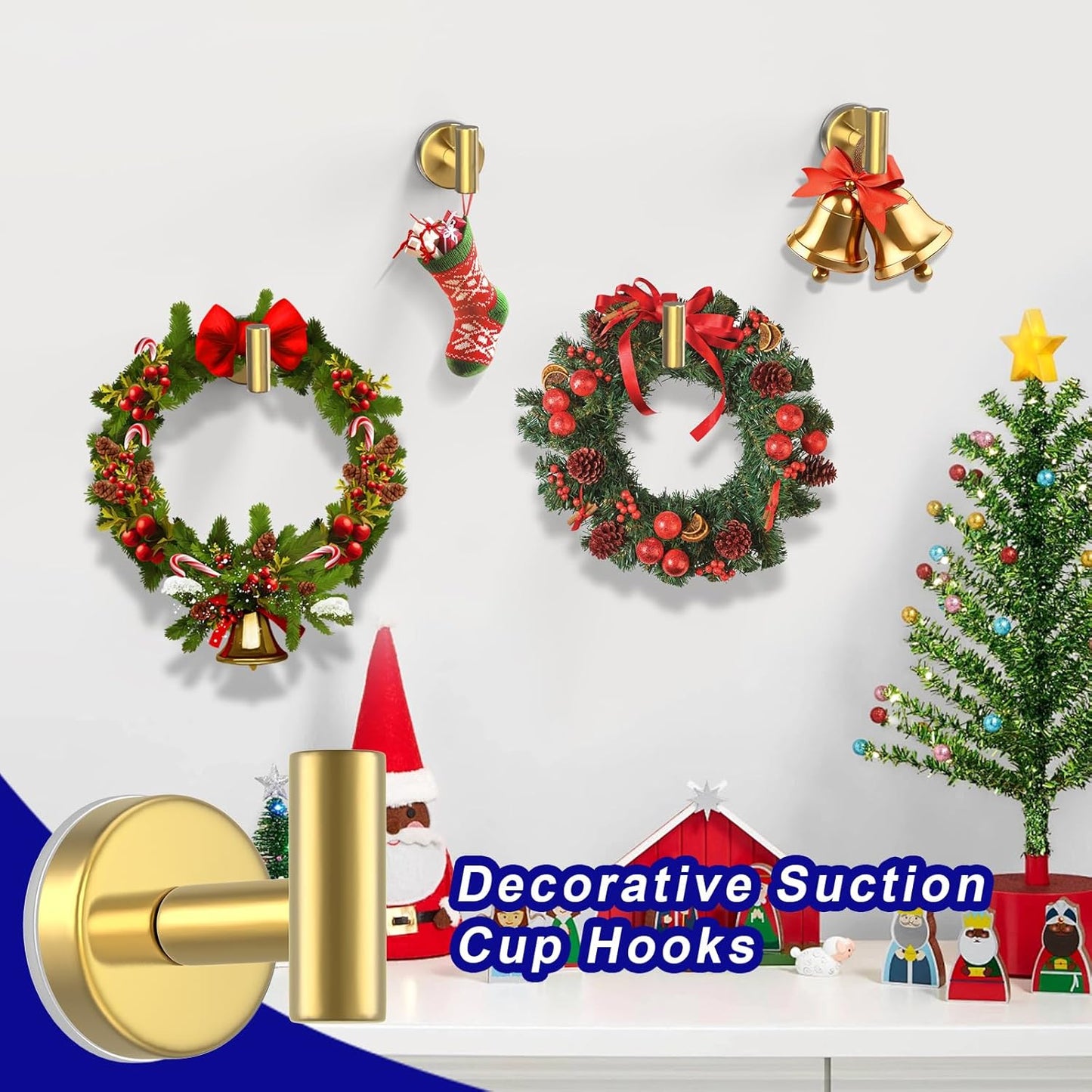 Suction Cup Hooks for Shower, Stainless Steel Shower Hooks for Hanging Towels, Robes, Bath Balls, Towel Hooks for Bathroom Wall, Glass Door, Kitchen, Mirror, Tile (2 Pack，Gold)