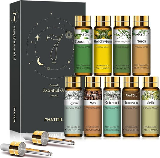 Premium Essential Oil Set - 9x10ML Pure Essential Oils for Massage, Aromatherapy, Diffusers, DIY - 0.33FL.OZ/Bottle