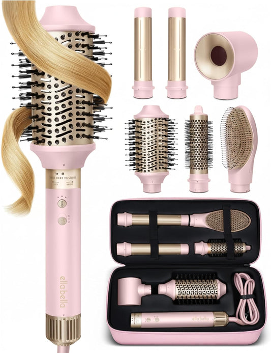 ELLA BELLA® 6 in 1 Professional Hot Air Styler • Powerful Hair Dryer & Straightener Set • Styling Without Heat Damage • Fast Drying Curling Volumizing Straightening • Protective Travel Case (Pink)