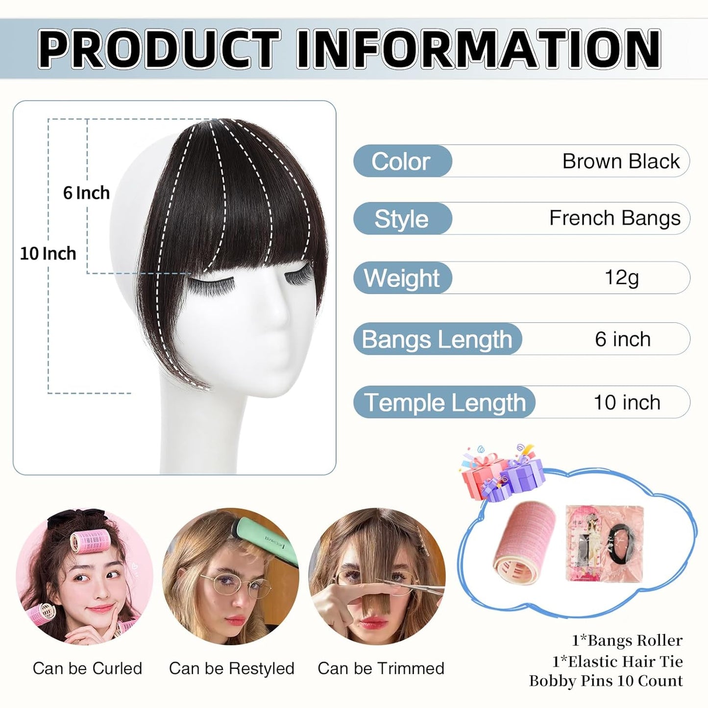 Clip In Bangs for Women, Brown Black French Bangs Hair Clip with Temples, 100% Real Human Hair Layered Curved Fringe for Halloween and Daily Use(Brown Black, French Bangs)