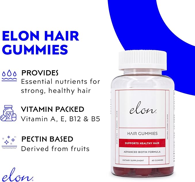 Elon Biotin Gummies for Hair Growth – 60 Count Biotin 5000mcg Per Serving for Hair, Skin and Nails – Vitamin A, Folic Acid, & Vitamin E - Pectin Cherry Flavored Gummies (30 Day Supply)