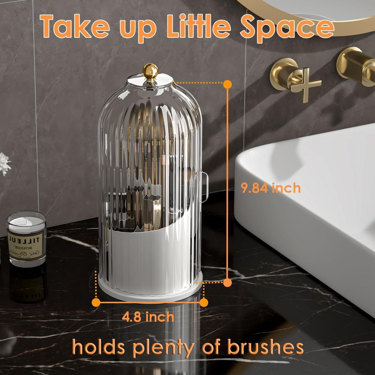 Makeup Brush Holder with Lid 360 Rotating Clear Dustproof Make Up Organizers for Vanity Bathroom Countertop, Transparent