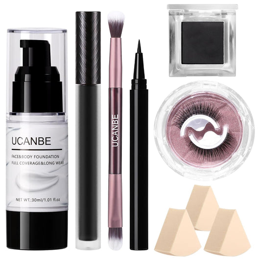 UCANBE Black Halloween Makeup Kit – Skeleton Skull Vampire Gothic Makeup Set for SFX Cosplay Costume -Eyeshadow, White Foundation, Black Lipstick & Eyeliner, Self Adhensive Eyelashes, Brush & Sponges