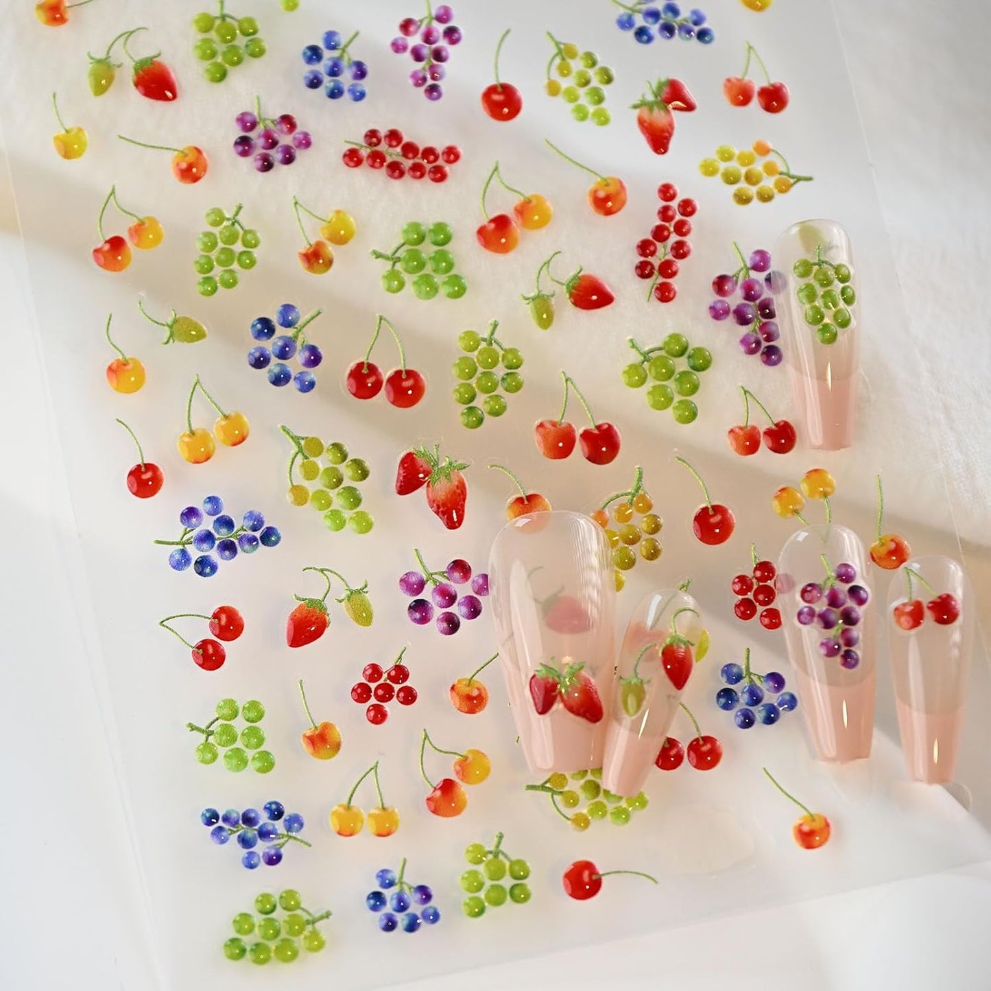Cute Fruit Nail Decals, Embossed Cherry Grape Nail Stickers, Self-Adhesive Nail Accessories for Women