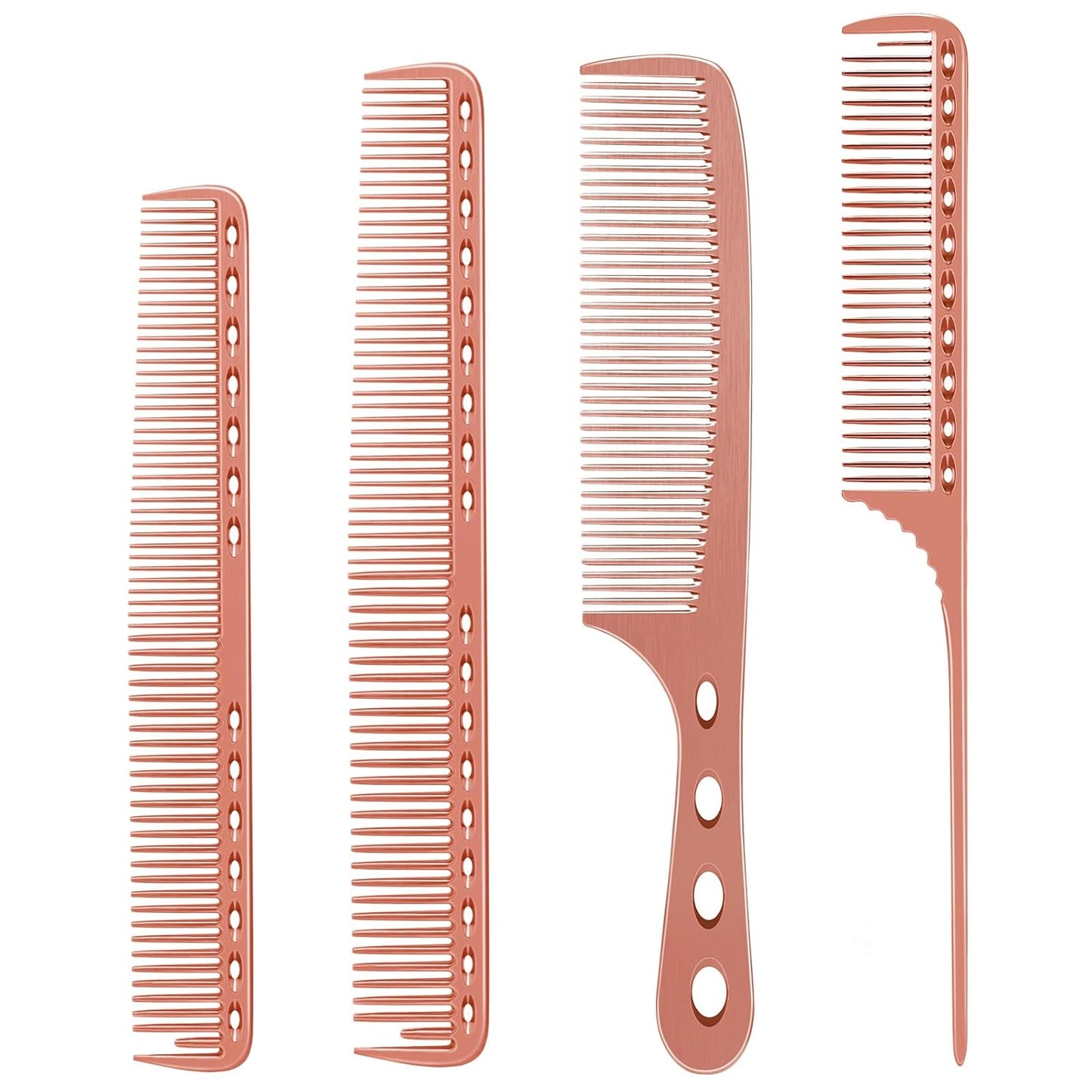 Professional Barber Aluminum Comb Set for Dressing, Cutting Hair, and Styling: Long/Short Hair Combs, Handle, and Tail Comb (Rose Gold)