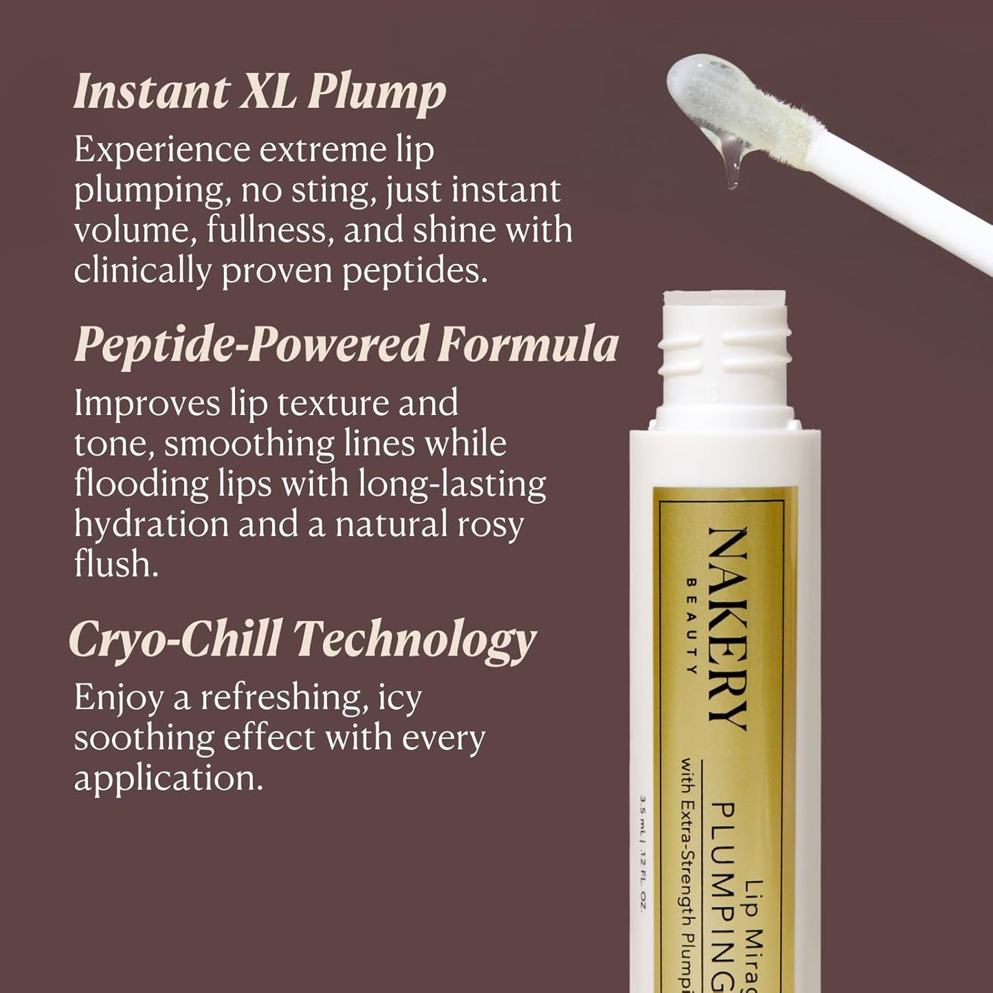 Nakery Lip MirageXL Plumping Glaze, Lip Plumper for Women with Peptides, Hydrating Gloss for Fuller Look, Cooling Effect, Smooths Texture, Softens Lines, Instant Volume, Made in USA