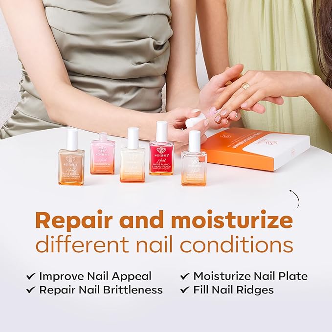 modelones Nail Strengthener, 8-in-One Nail Ridge Filler Base Coat Nail Polish Repair Nail Growth Treatment for Thin and Damaged Nails, Sparkling Champagne, 15ml