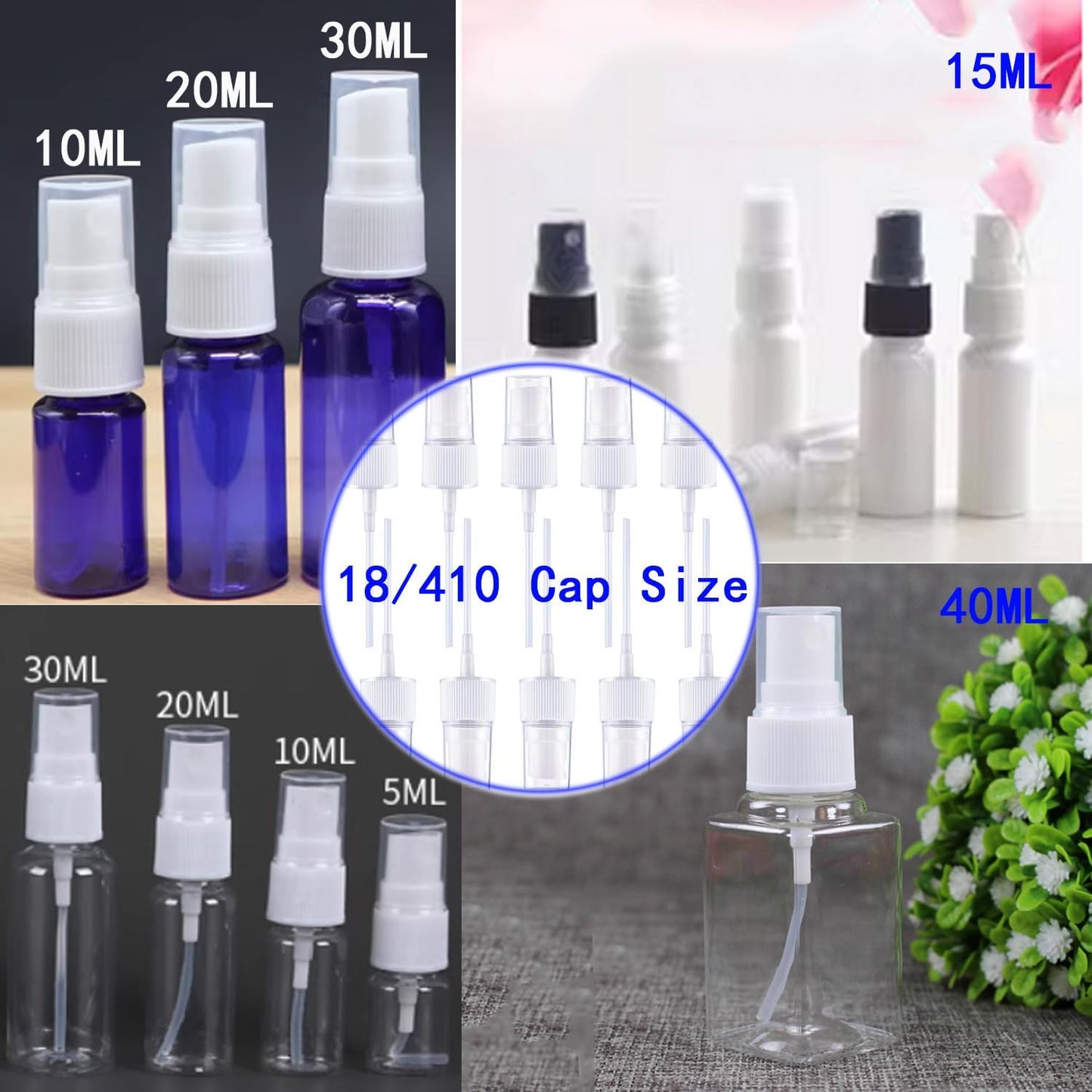 10 Pcs Spray Bottle Top, Nozzle Sprayer Tops, Replacement Pump for Essential Oil Bottles, Dispenser Caps Fine Mist Sprayer for Cosmetic (18/410 Cap Size) white