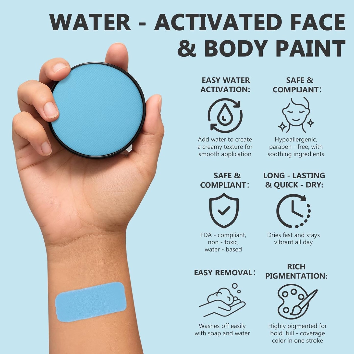 Face Body Paint Kit for Kids & Adults, Non-Toxic Water-Based Professional Face Painting Palette with Brushes for Halloween Clown Goth Vampire SFX Makeup, Art Stage Cosplay Parties, Sky Blue